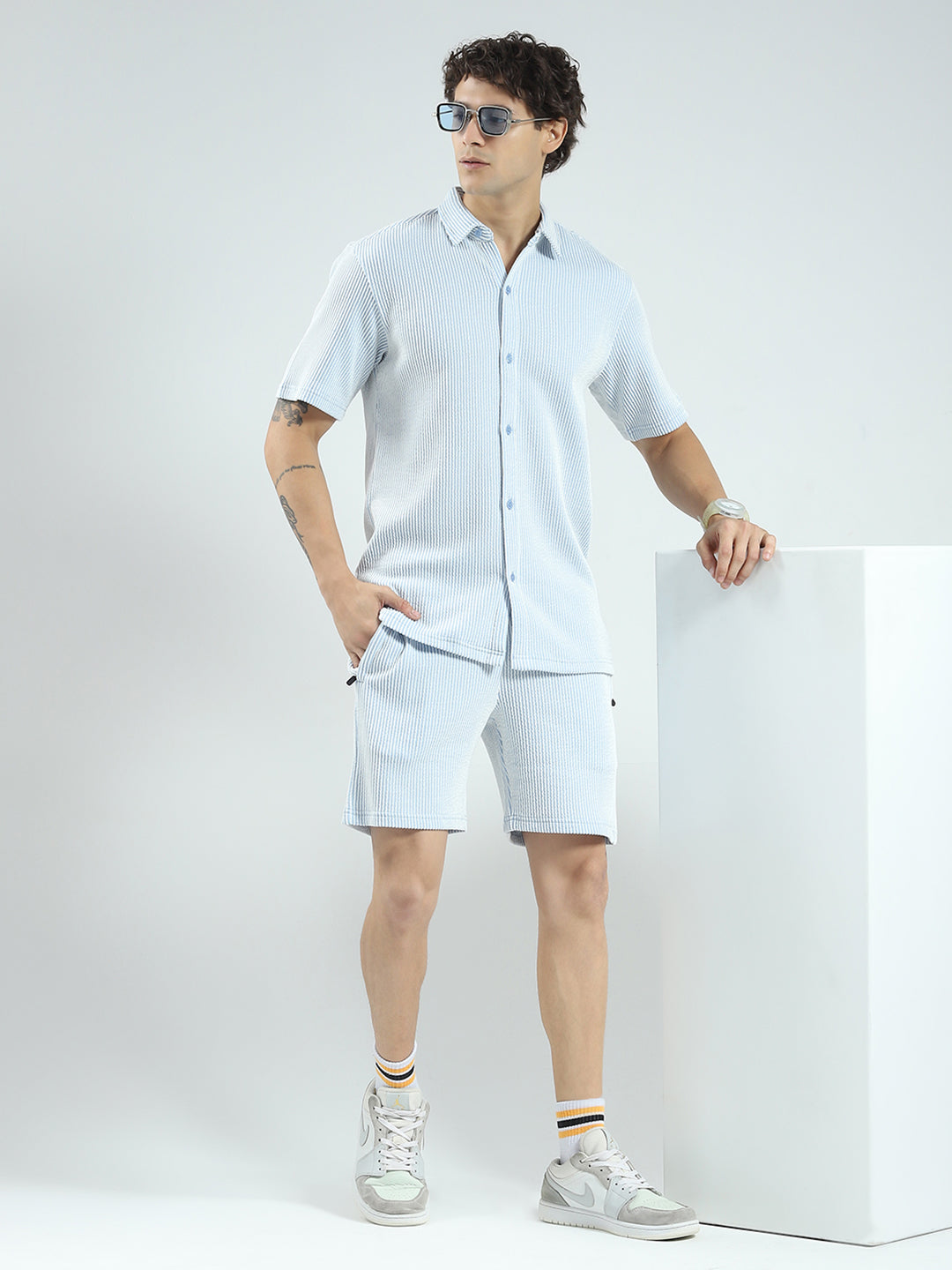 Rock.it Men Blue Stripe Collar Half Sleeve Cords Set