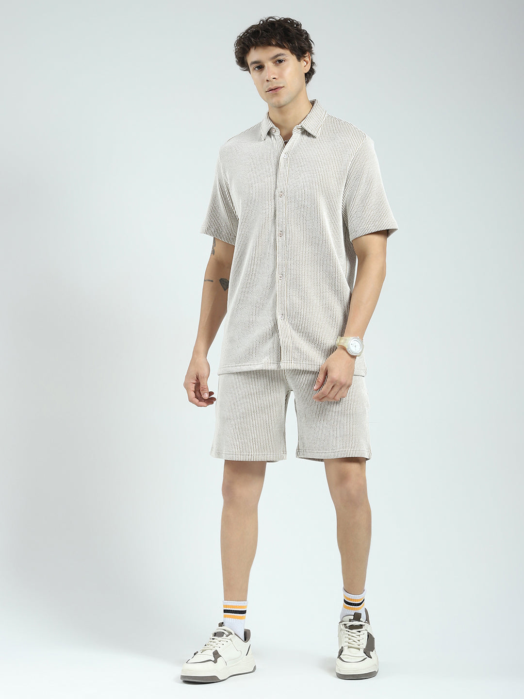 Rock.it Men Brown Stripe Collar Half Sleeve Cords Set