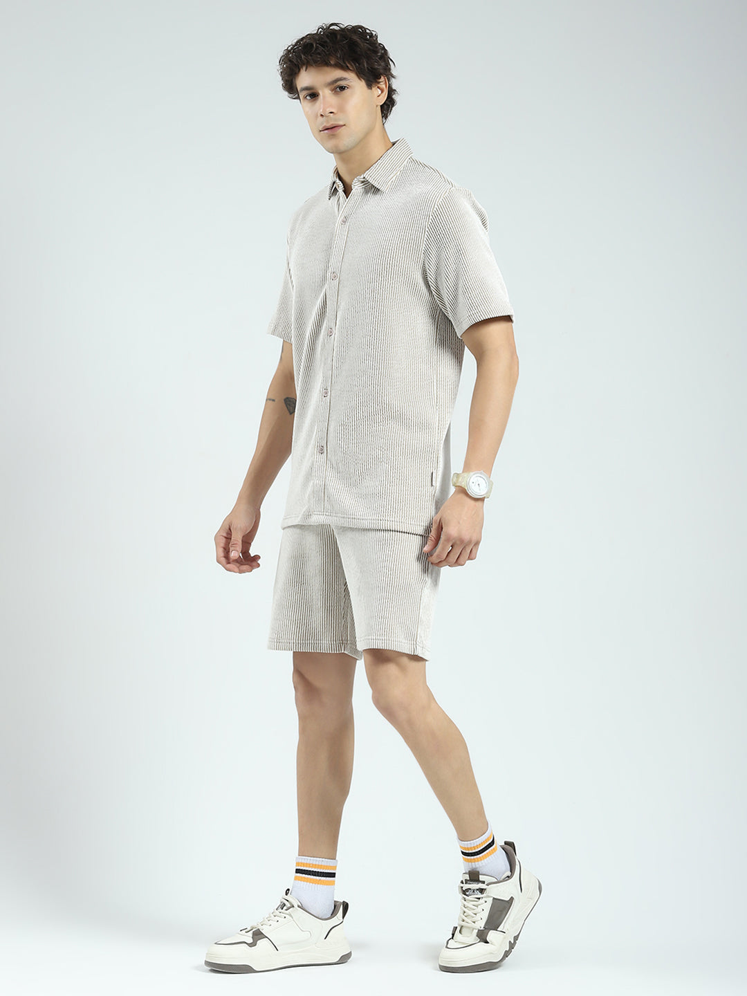 Rock.it Men Brown Stripe Collar Half Sleeve Cords Set