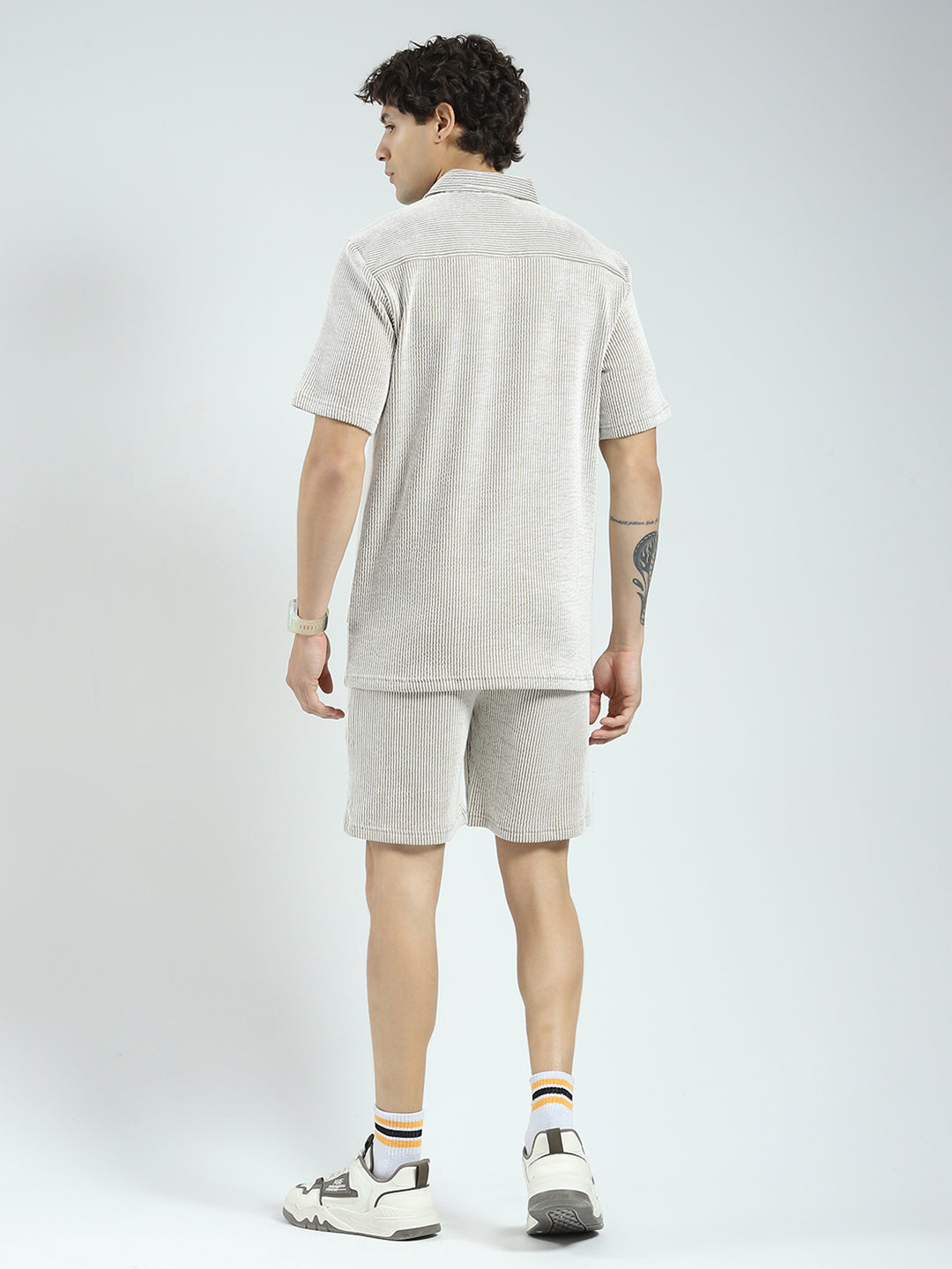 Rock.it Men Brown Stripe Collar Half Sleeve Cords Set