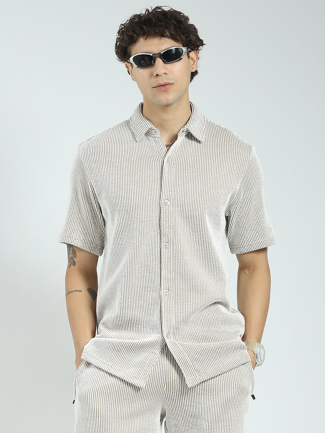 Rock.it Men Brown Stripe Collar Half Sleeve Cords Set