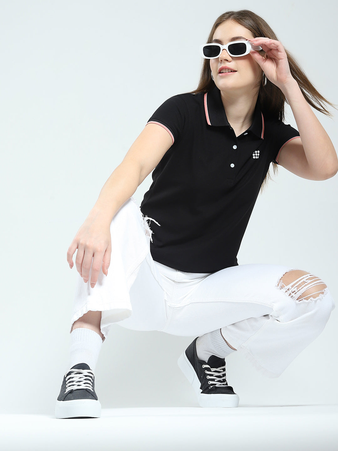 Rock.it Women Black Solid Collar Half Sleeve T-Shirt