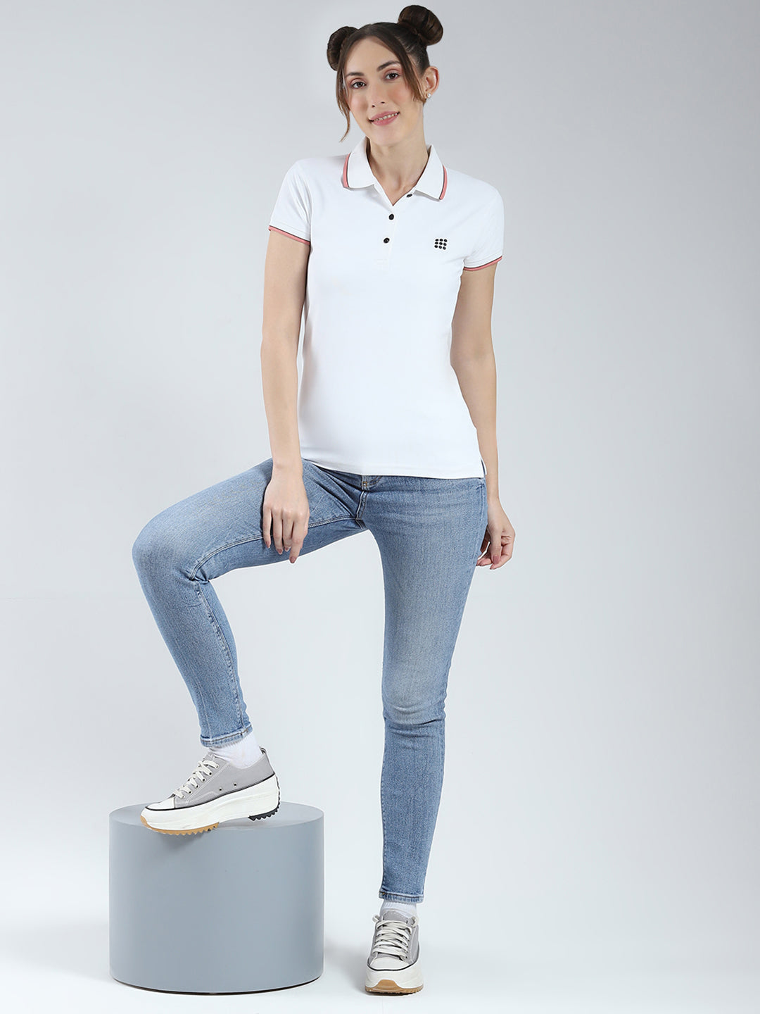 Rock.it Women White Solid Collar Half Sleeve T-Shirt