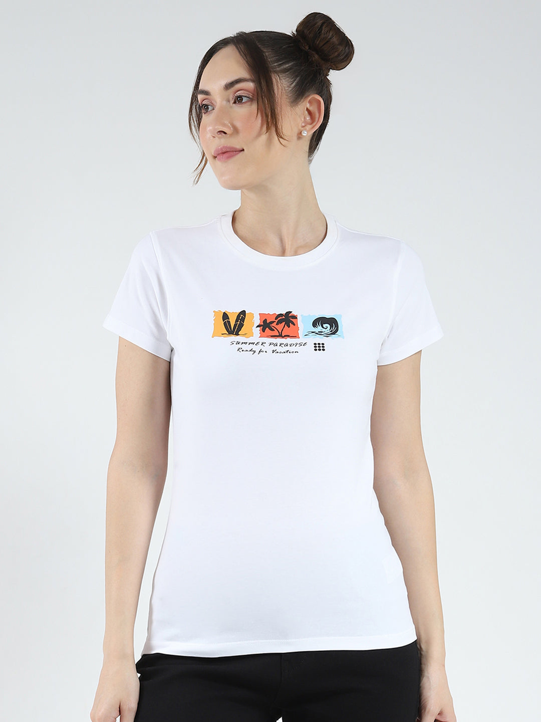 Rock.it Women White Printed Round Neck Half Sleeve Top