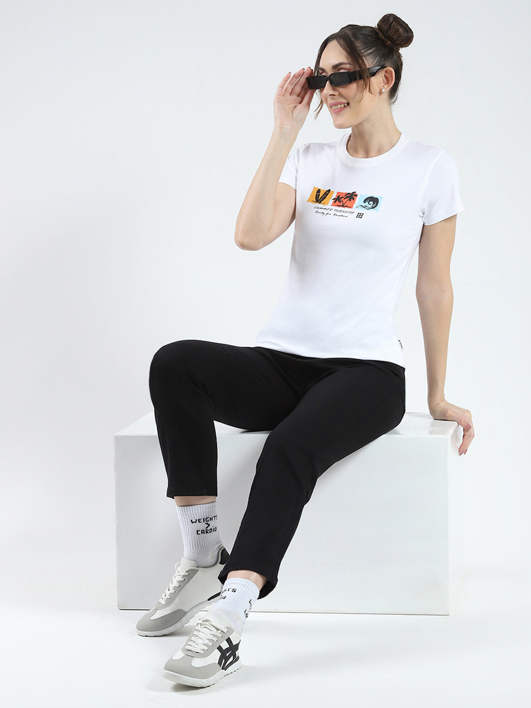 Rock.it Women White Printed Round Neck Half Sleeve Top