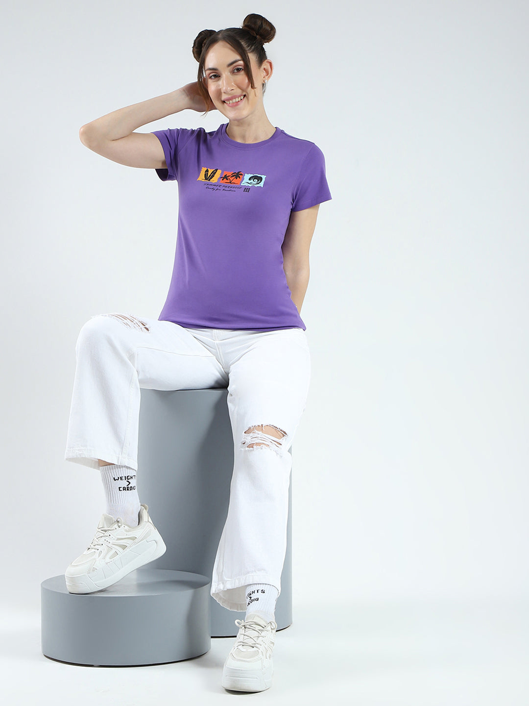 Rock.it Women Purple Printed Round Neck Half Sleeve Top