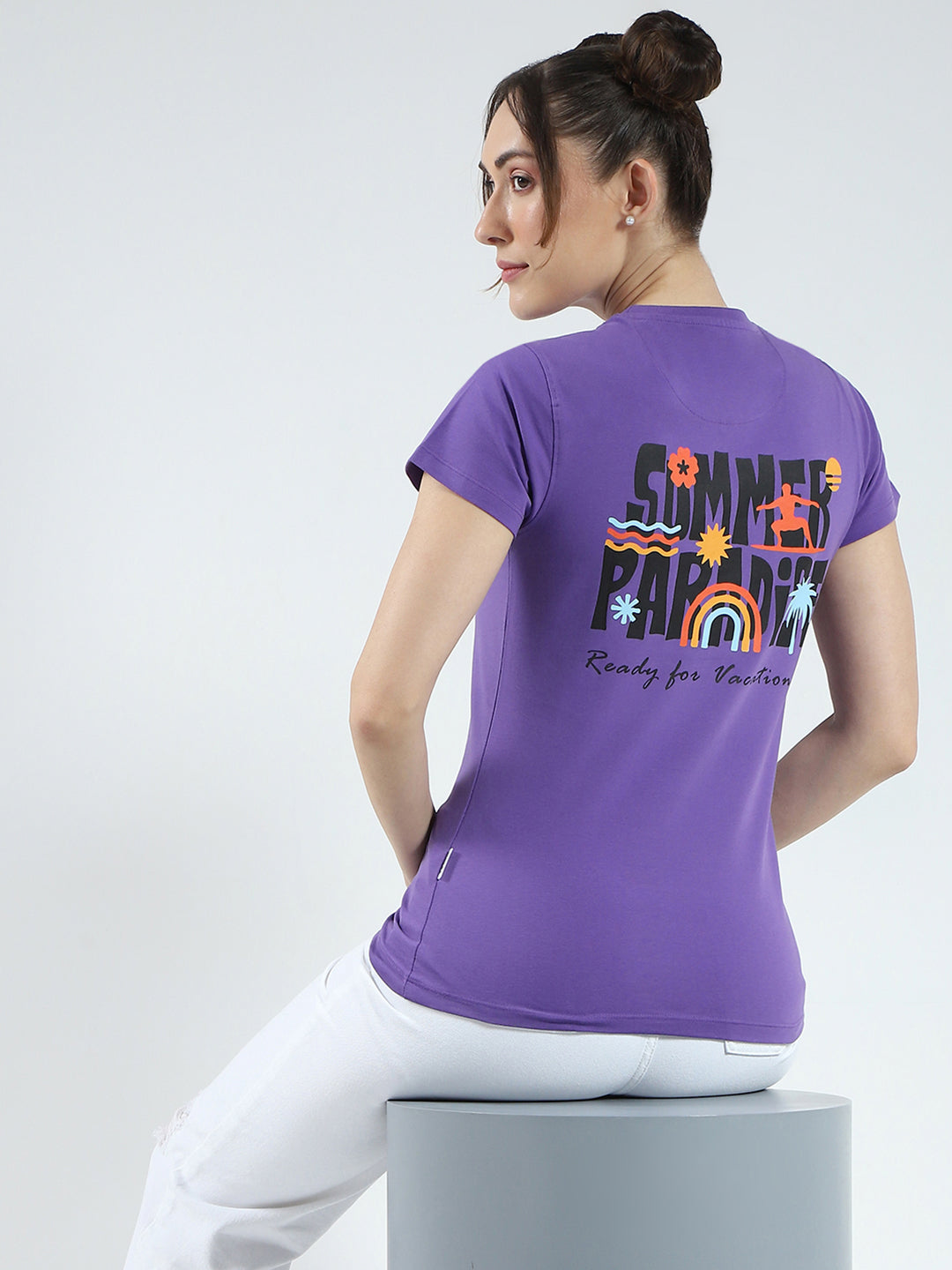 Rock.it Women Purple Printed Round Neck Half Sleeve Top