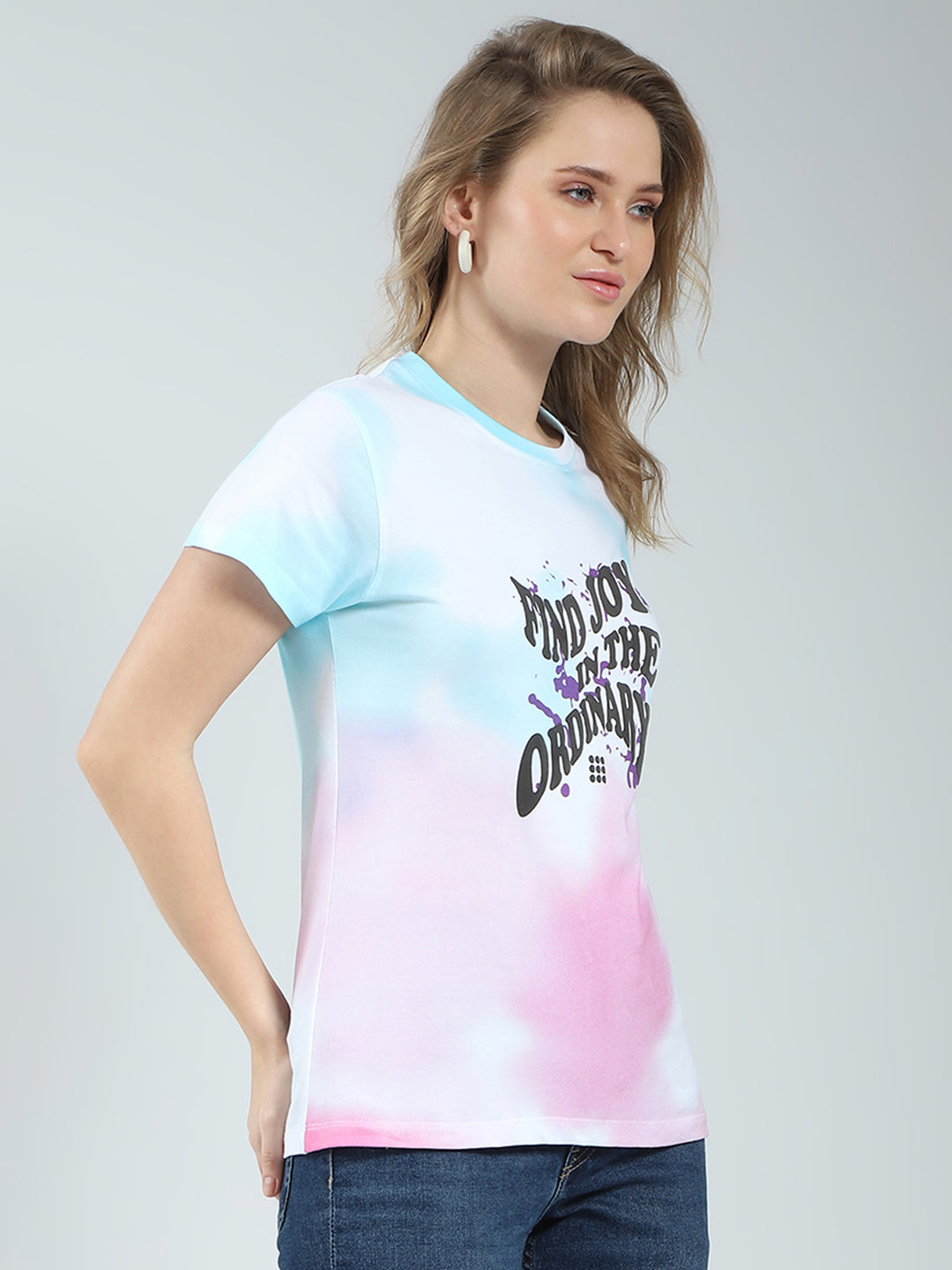 Rock.it Women Blue Printed Round Neck Half Sleeve Top