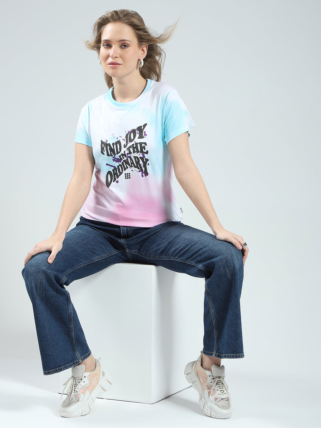 Rock.it Women Blue Printed Round Neck Half Sleeve Top