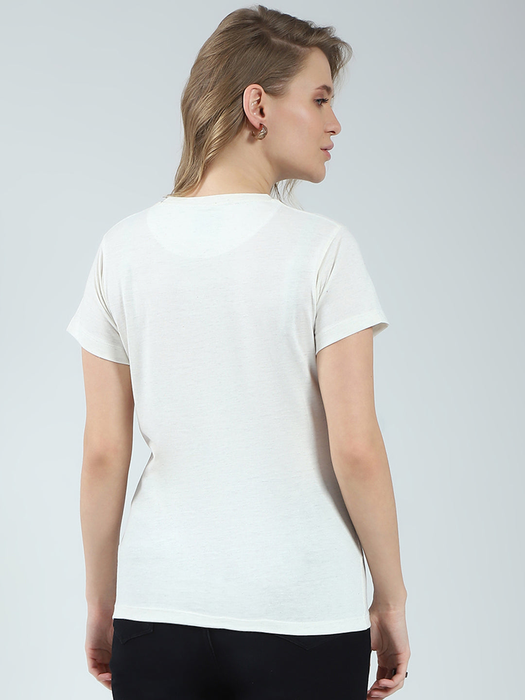 Rock.it Women Off White Solid Round Neck Half Sleeve Top