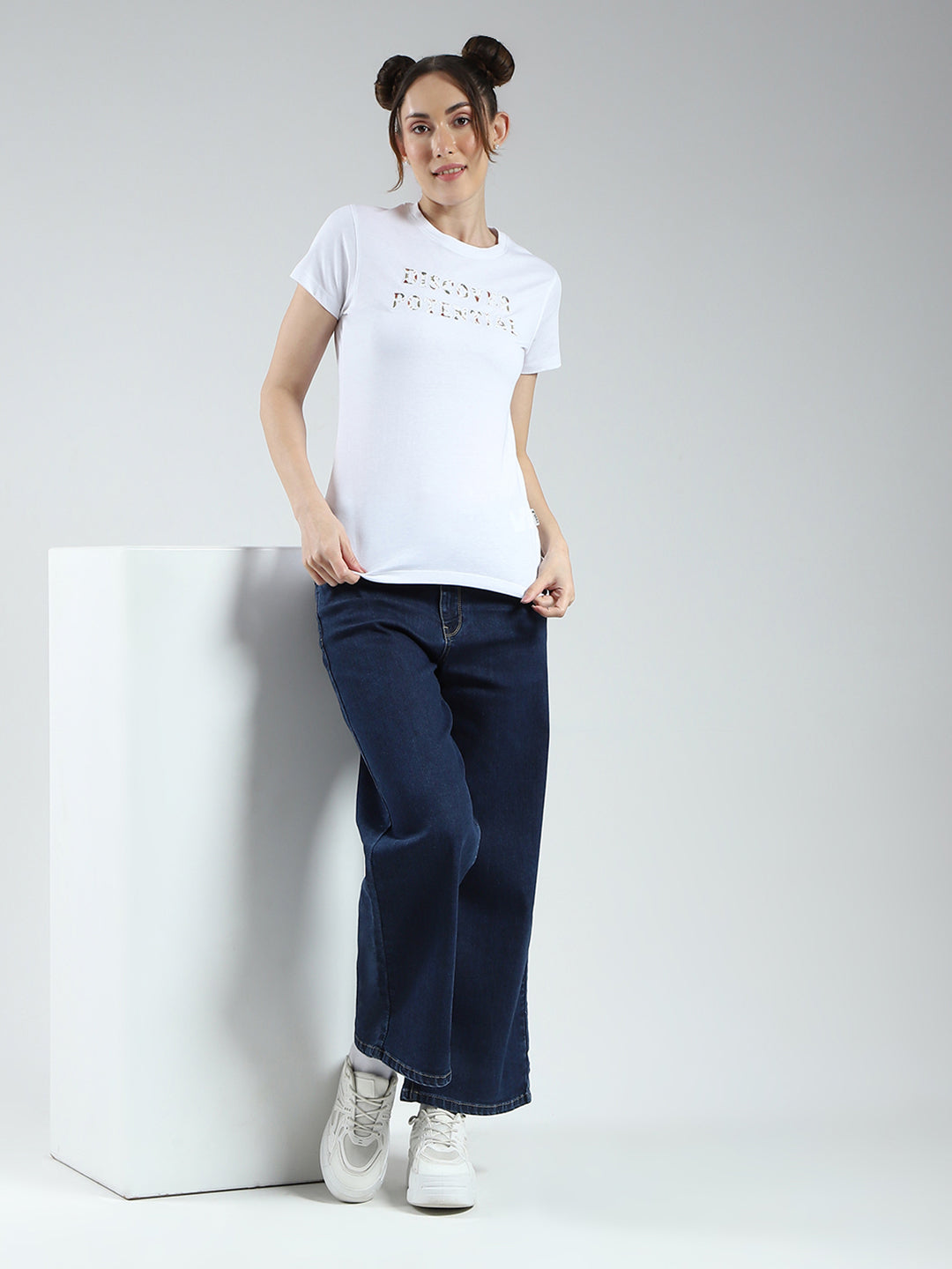 Rock.it Women White Solid Round Neck Half Sleeve Top