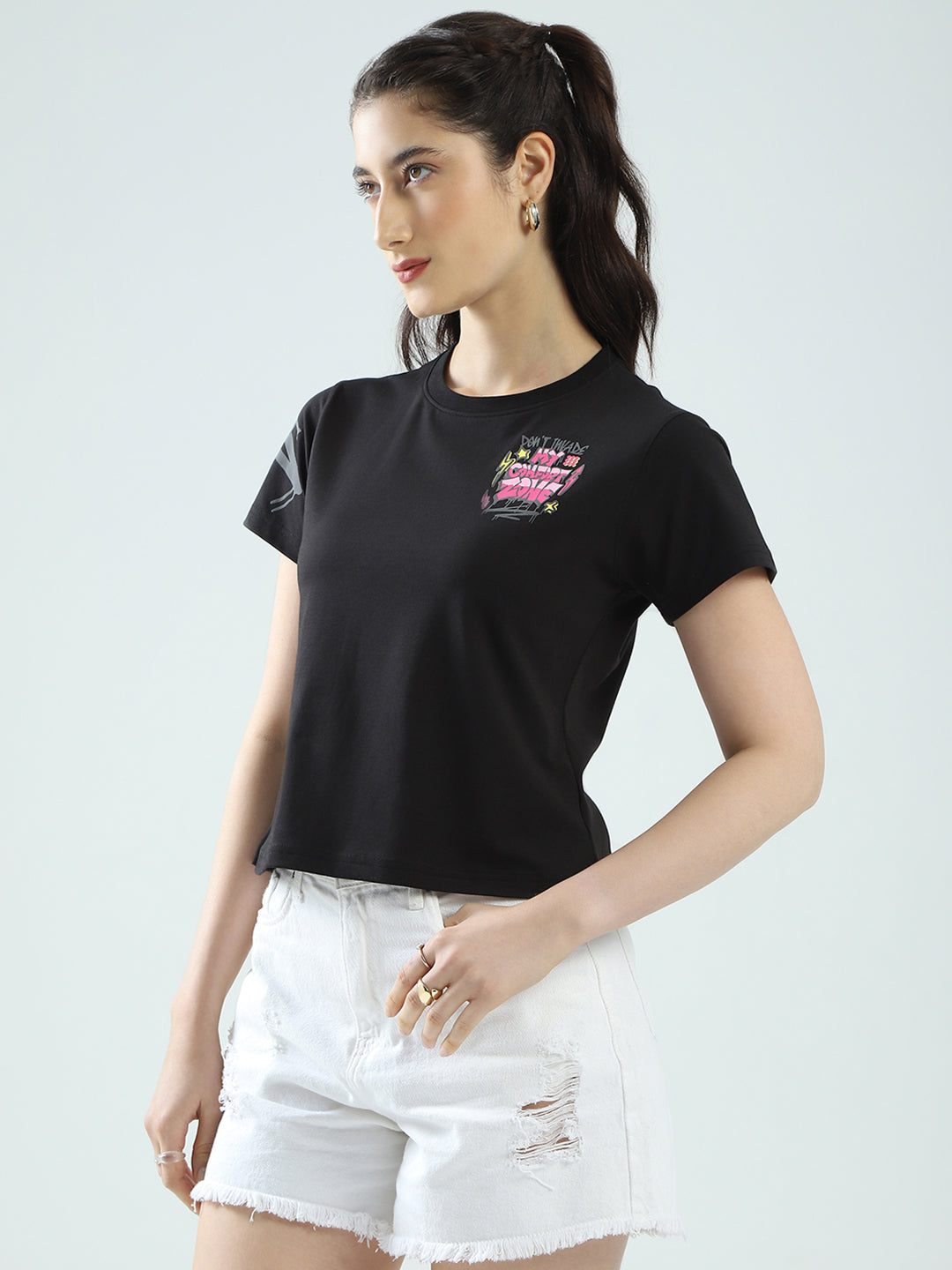 Rock.it Women Black Printed Round Neck Half Sleeve Top