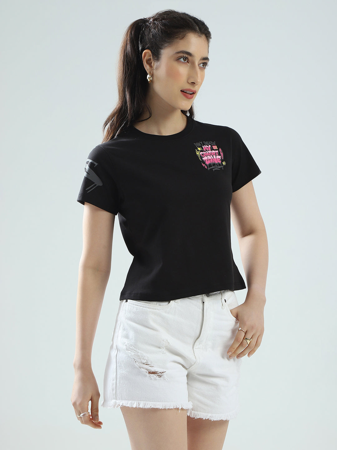 Rock.it Women Black Printed Round Neck Half Sleeve Top