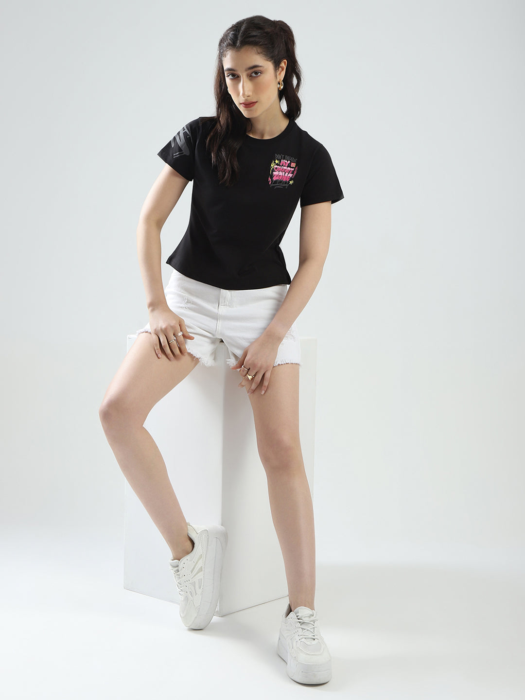 Rock.it Women Black Printed Round Neck Half Sleeve Top