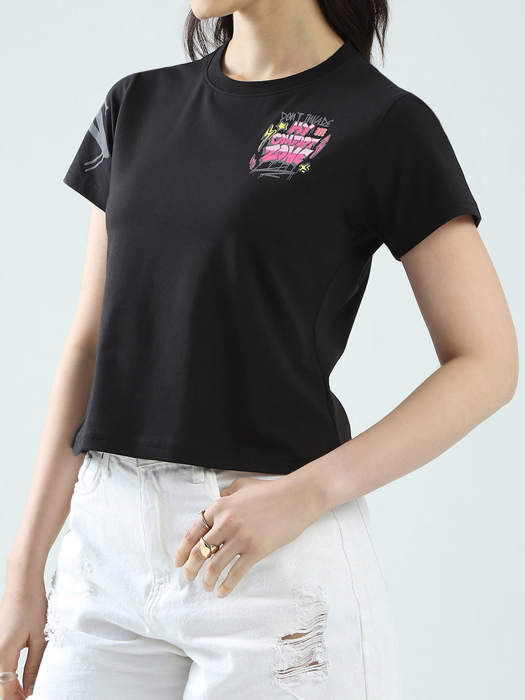 Rock.it Women Black Printed Round Neck Half Sleeve Top