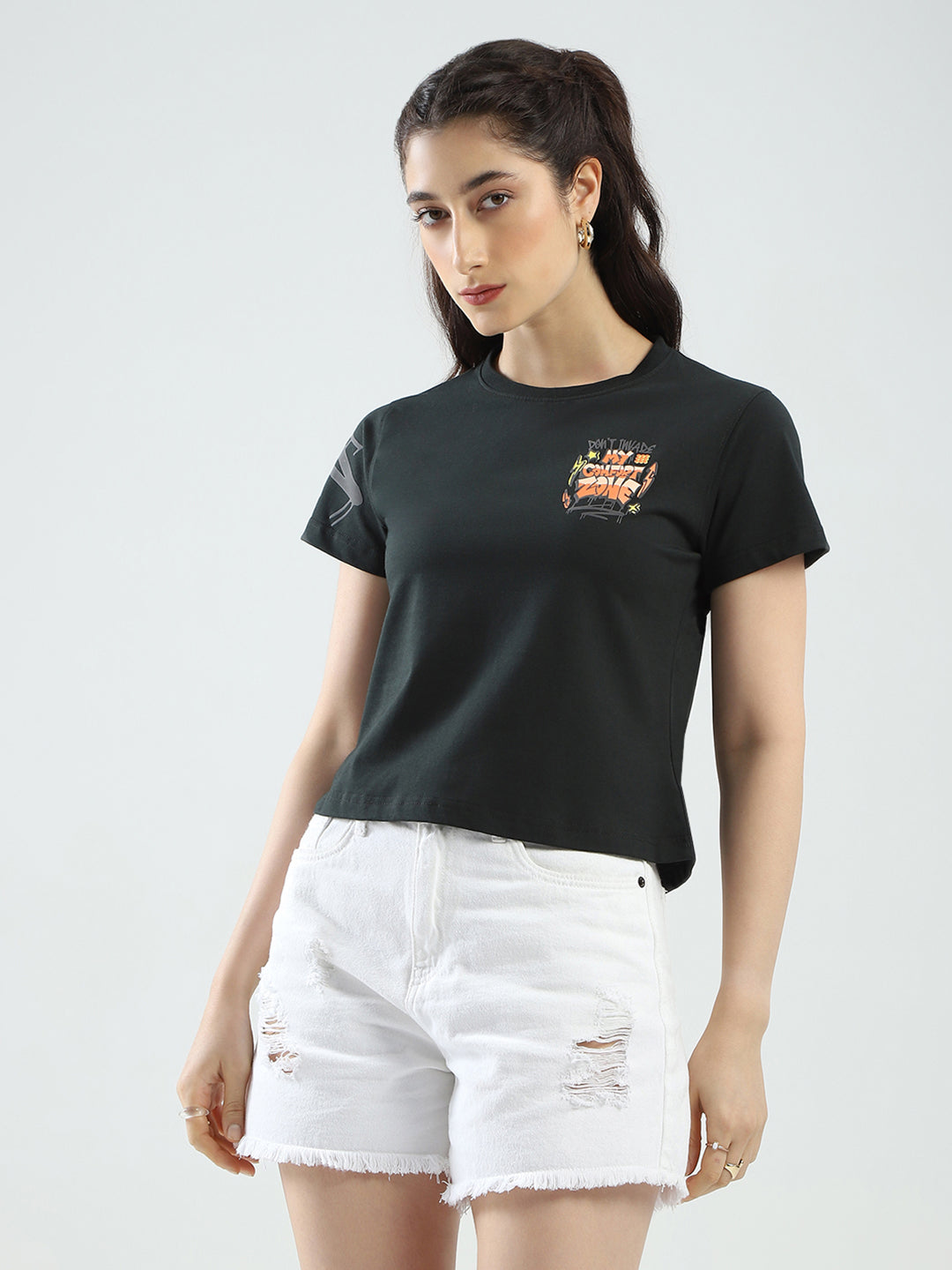 Rock.it Women Green Printed Round Neck Half Sleeve Top