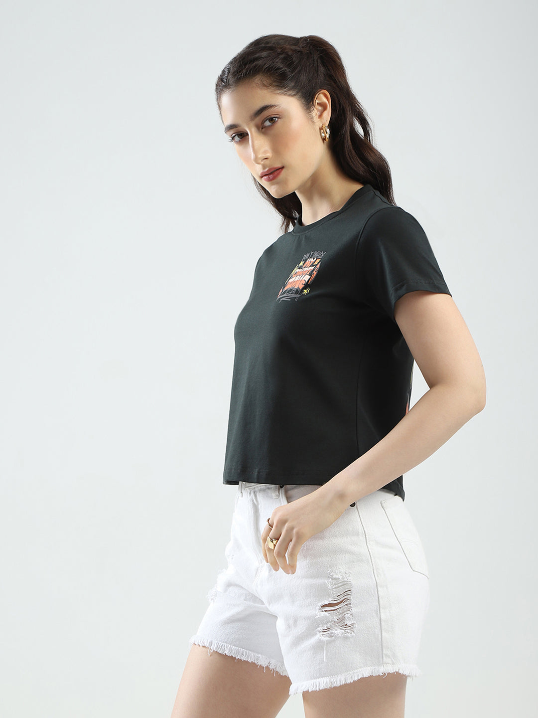 Rock.it Women Green Printed Round Neck Half Sleeve Top