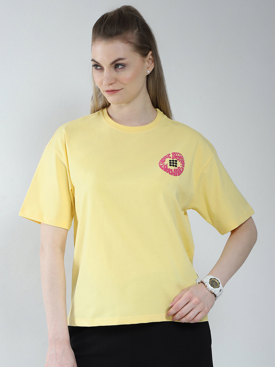 Rock.it Women Yellow Printed Round Neck Half Sleeve Top