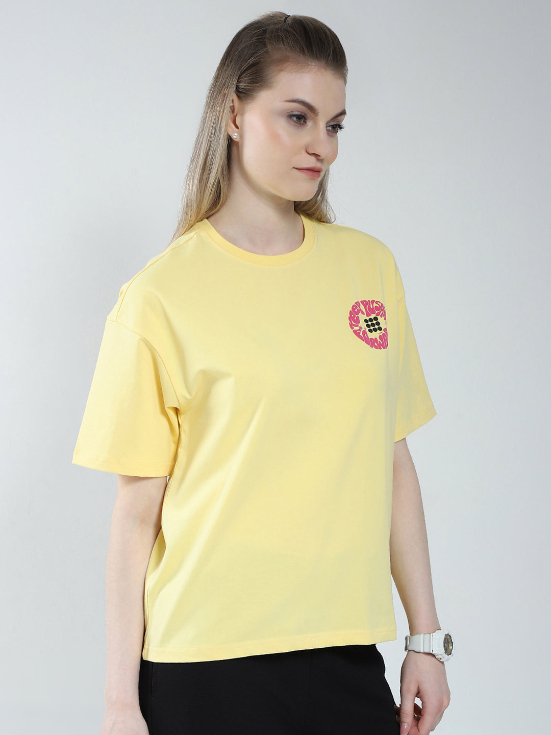Rock.it Women Yellow Printed Round Neck Half Sleeve Top