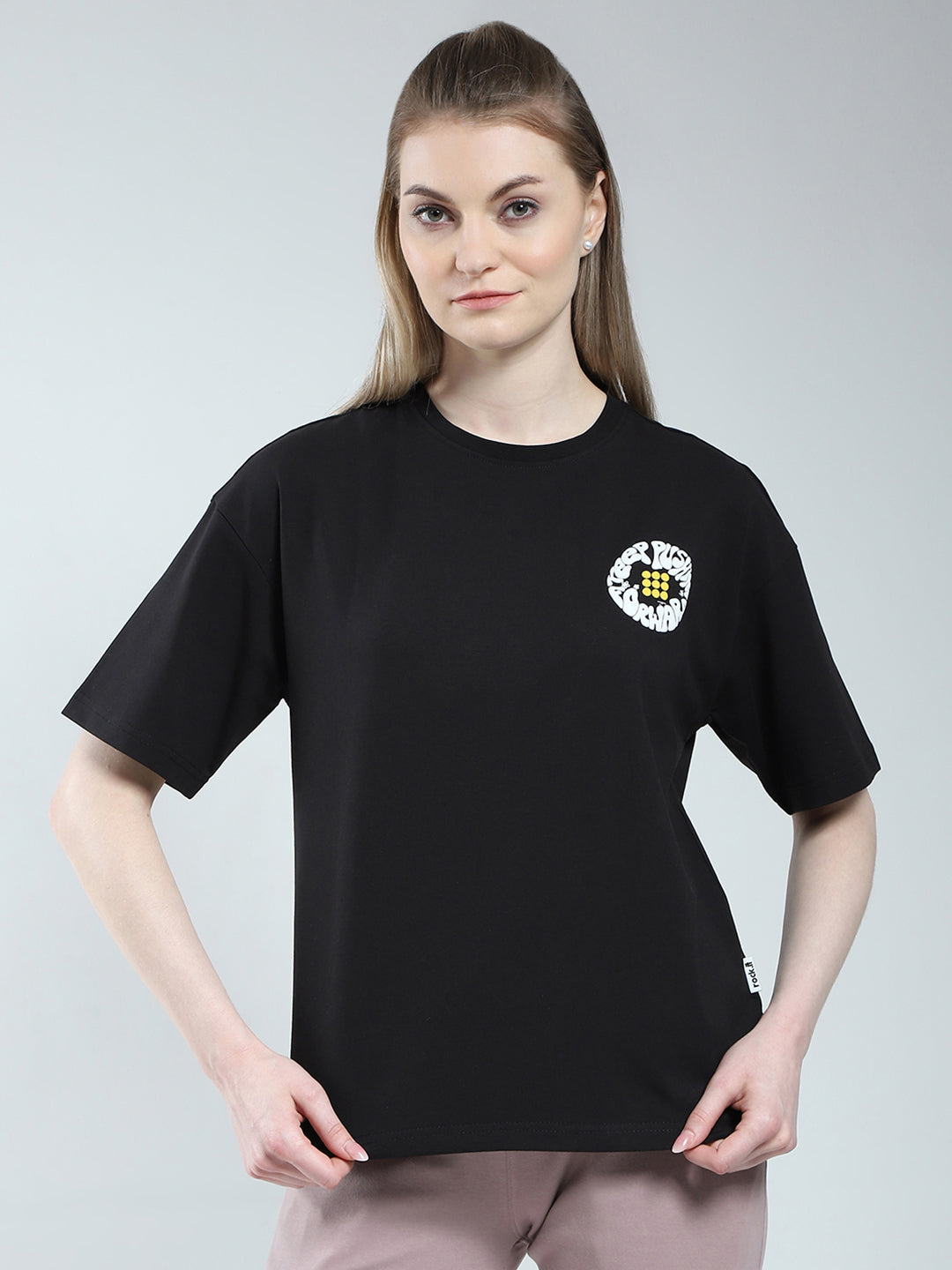 Rock.it Women Black Printed Round Neck Half Sleeve Top