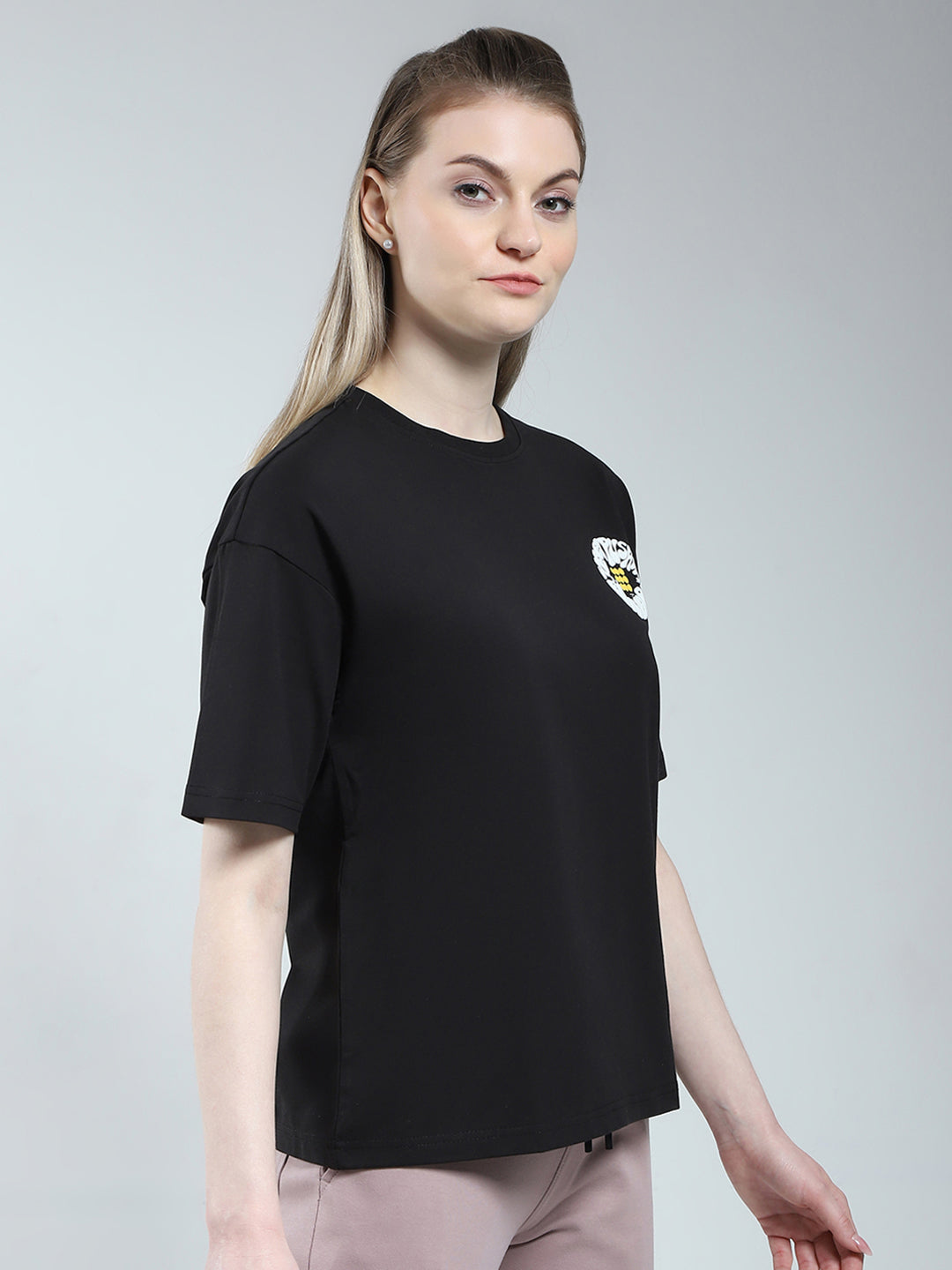 Rock.it Women Black Printed Round Neck Half Sleeve Top