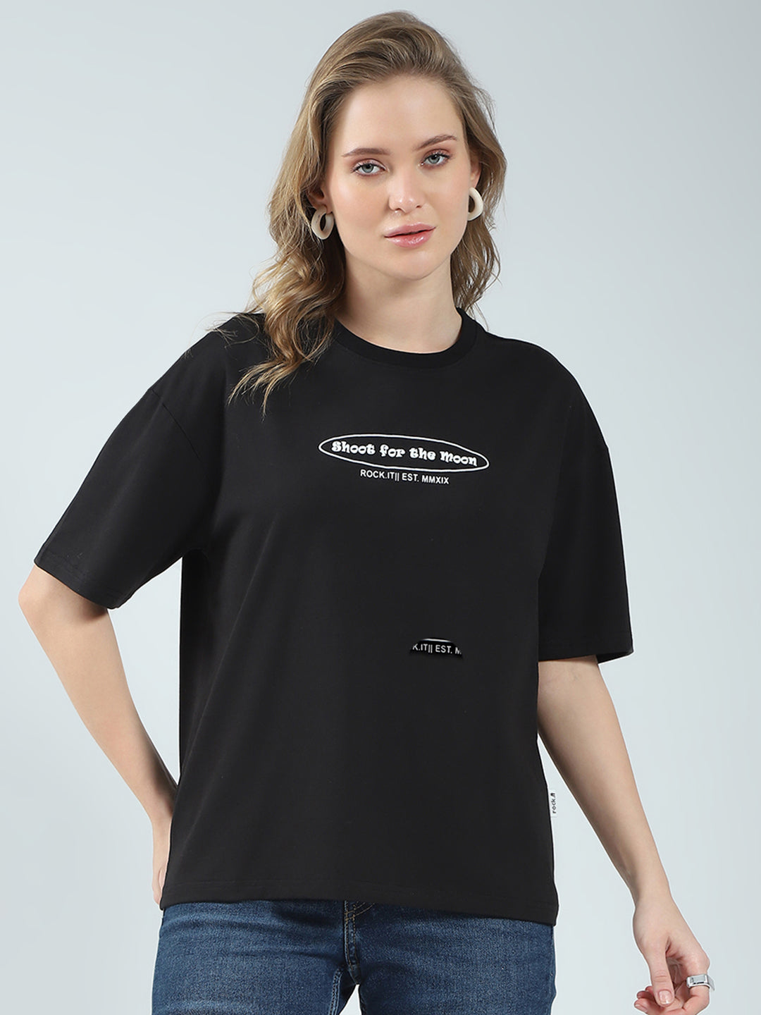 Rock.it Women Black Printed Round Neck Half Sleeve Top