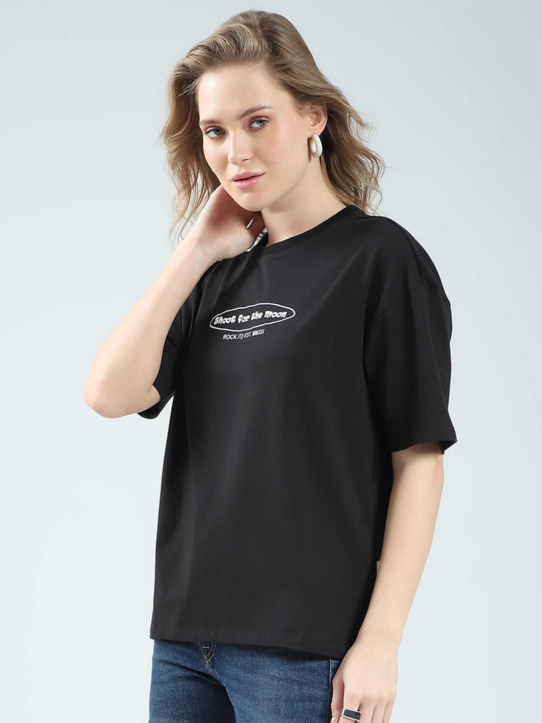 Rock.it Women Black Printed Round Neck Half Sleeve Top