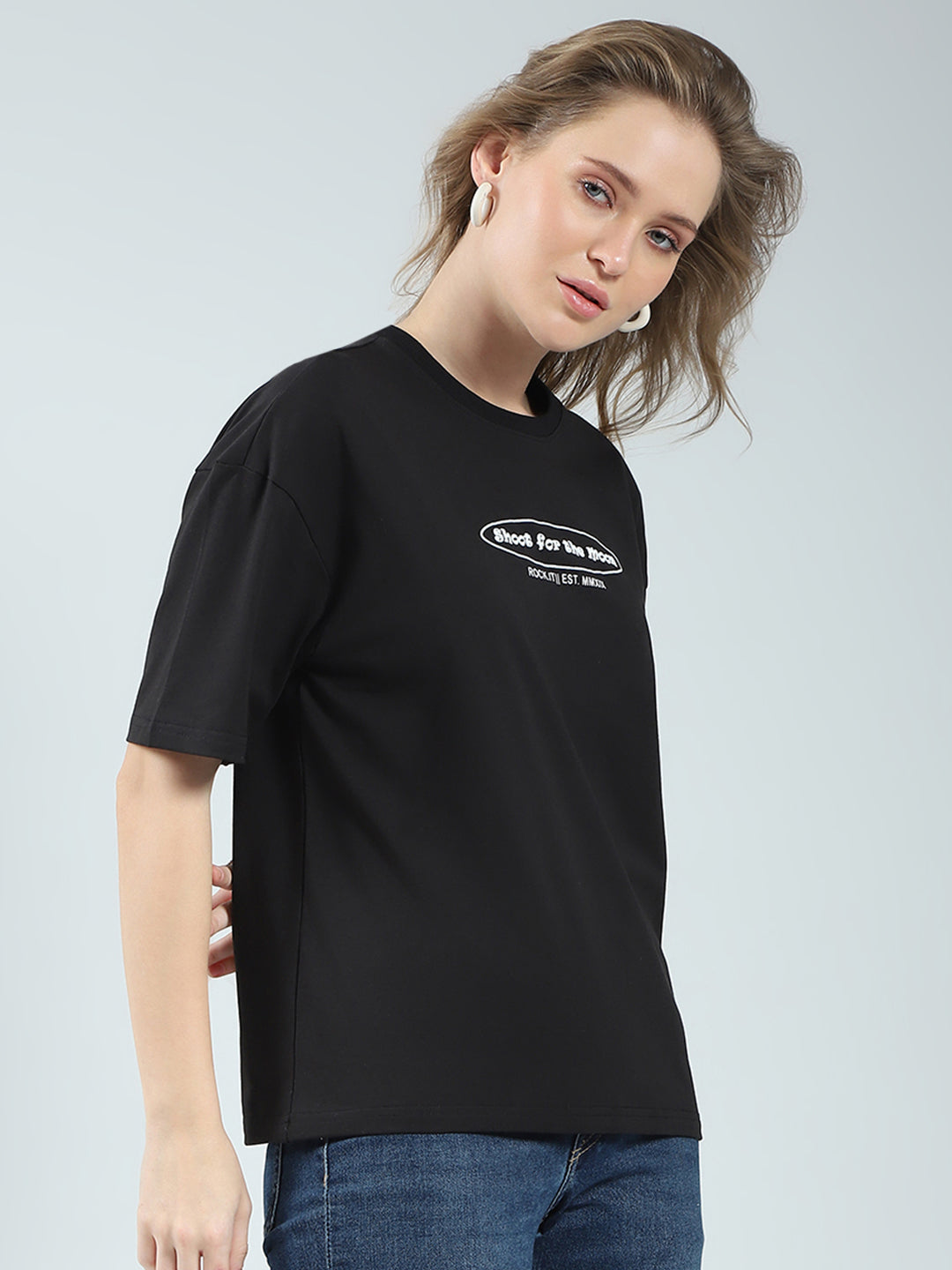 Rock.it Women Black Printed Round Neck Half Sleeve Top