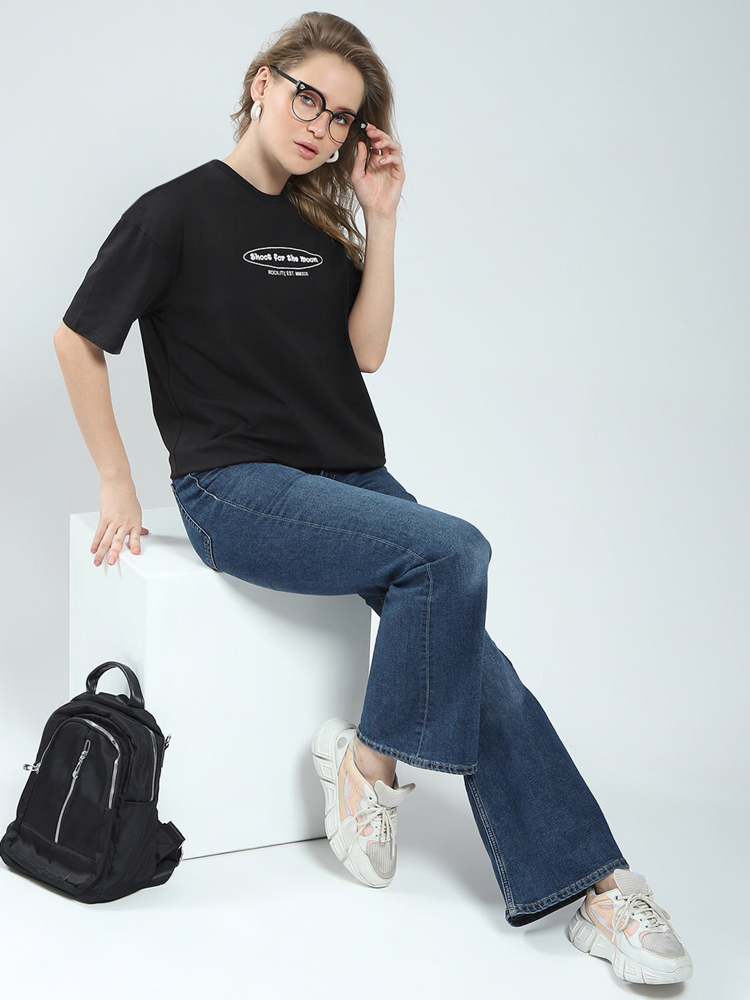 Rock.it Women Black Printed Round Neck Half Sleeve Top