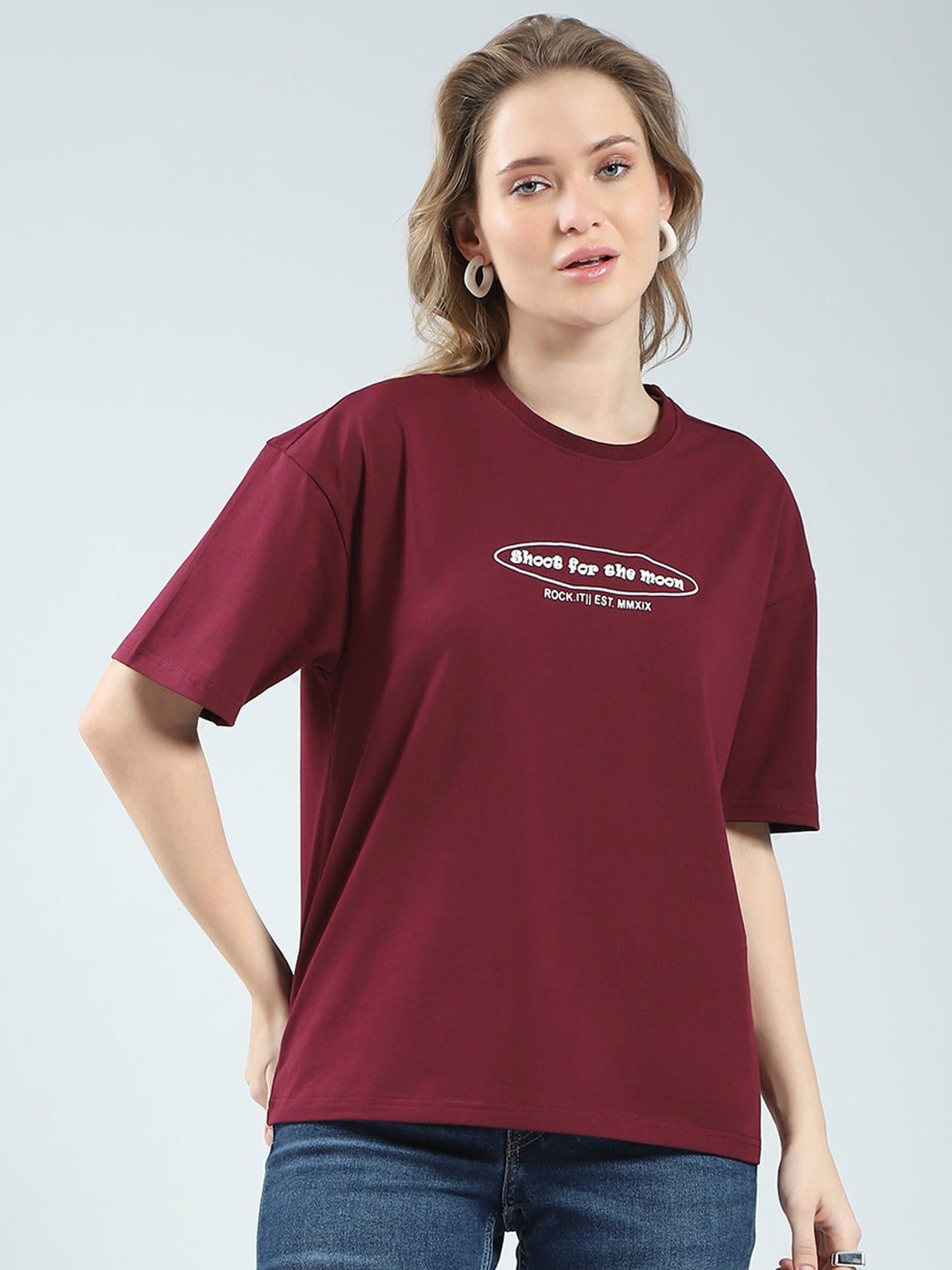 Rock.it Women Maroon Printed Round Neck Half Sleeve Top