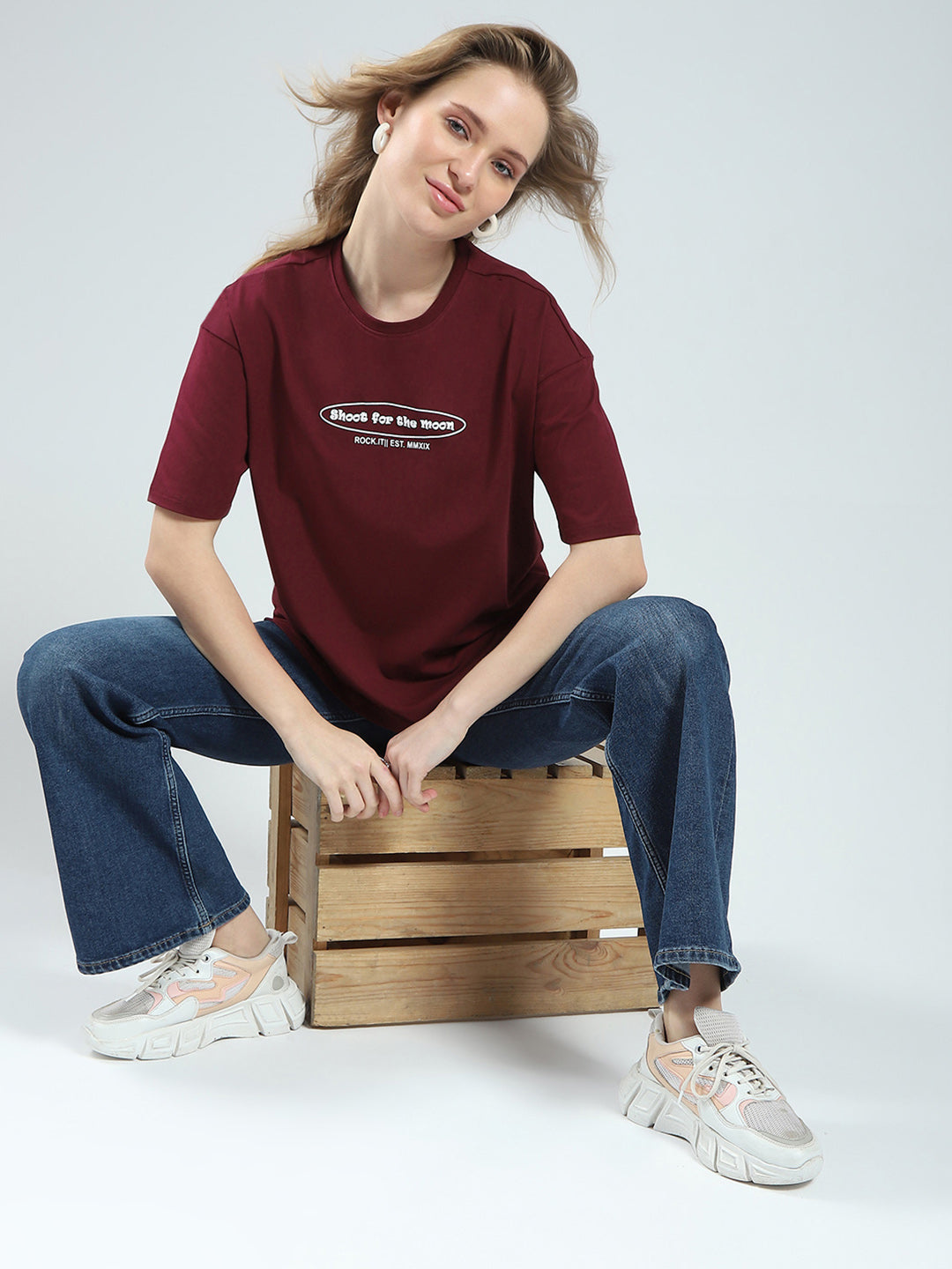 Rock.it Women Maroon Printed Round Neck Half Sleeve Top