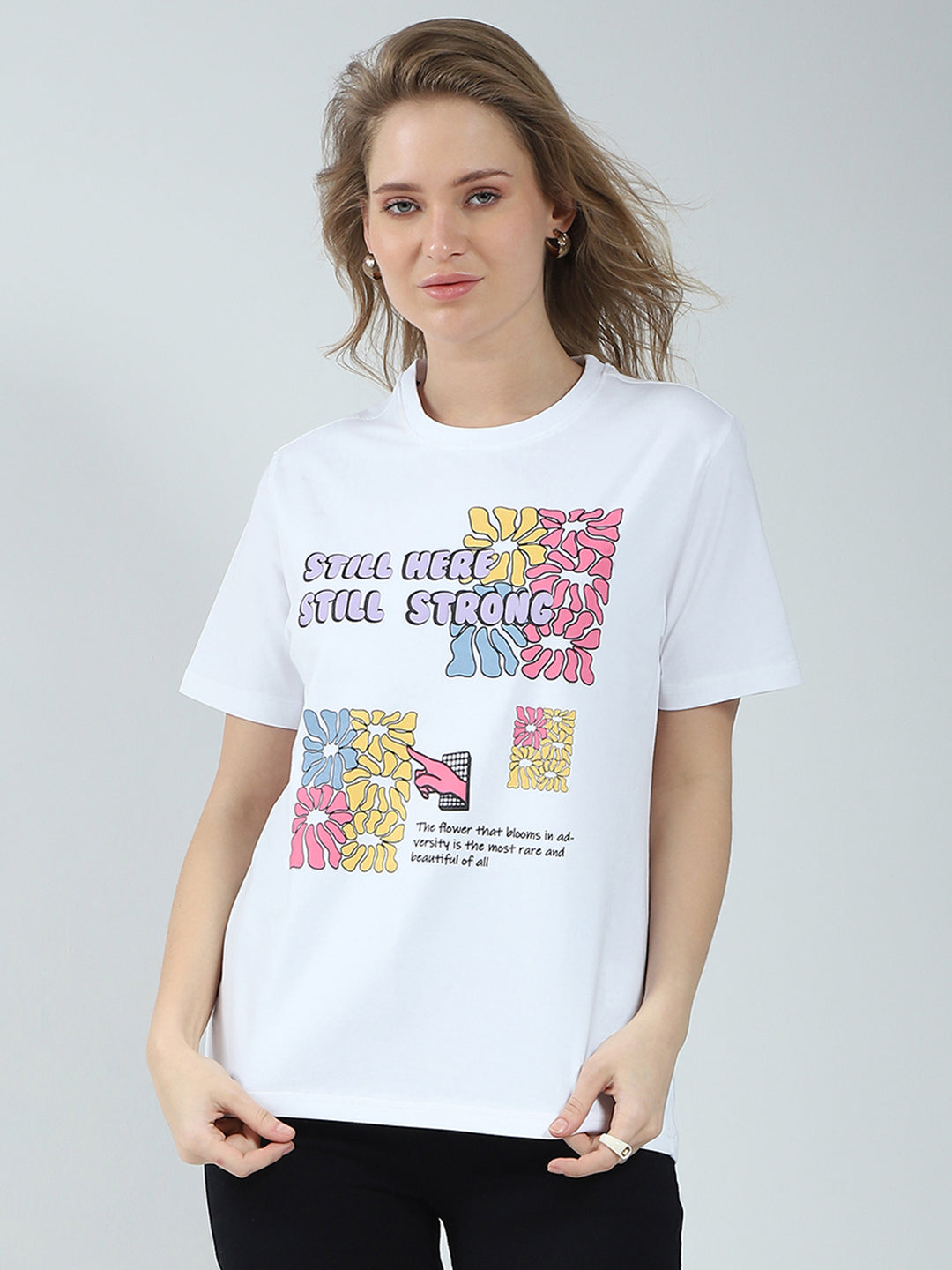 Rock.it Women White Printed Round Neck Half Sleeve Top