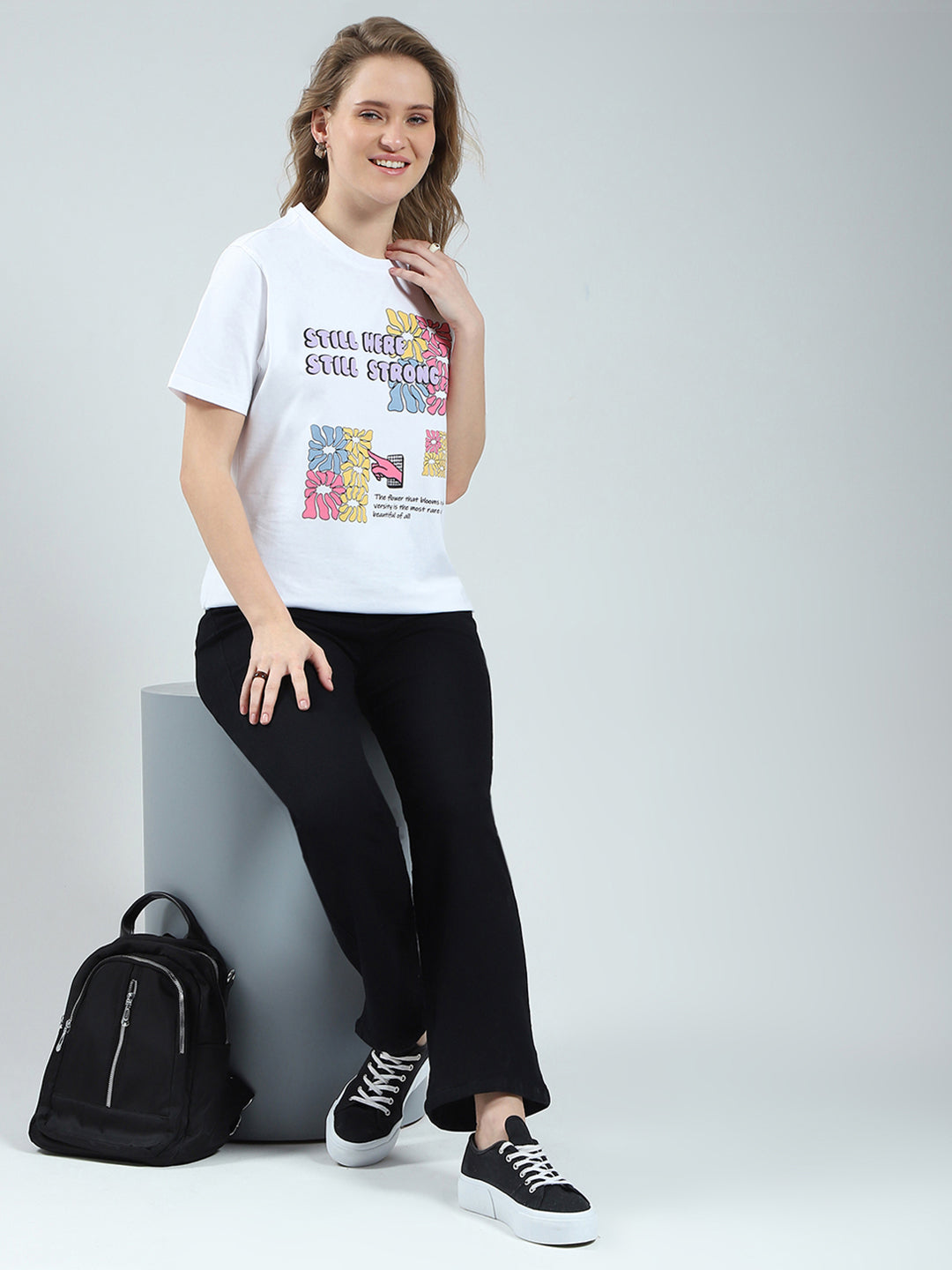 Rock.it Women White Printed Round Neck Half Sleeve Top