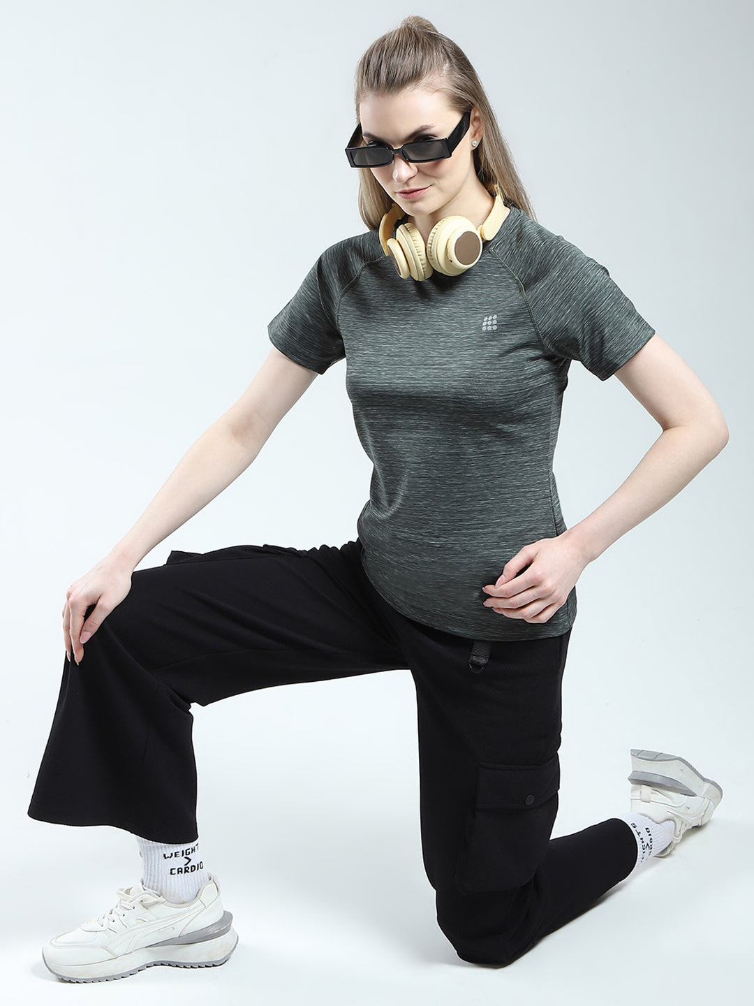 Rock.it Women Green Solid Round Neck Half Sleeve Top