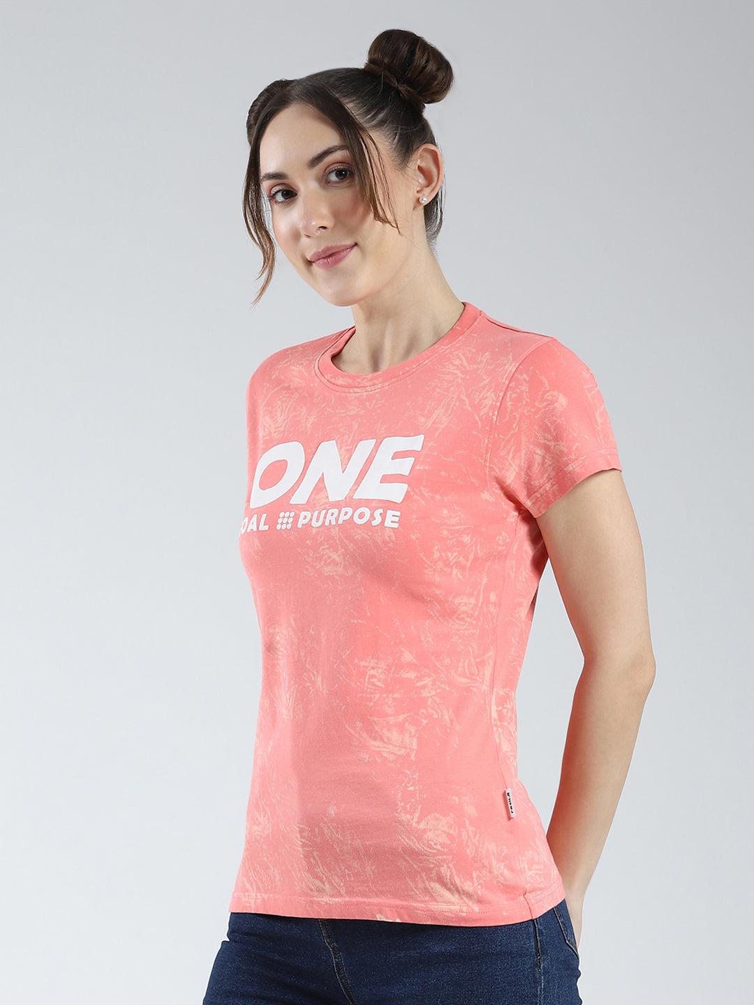 Rock.it Women Coral Printed Round Neck Half Sleeve Top