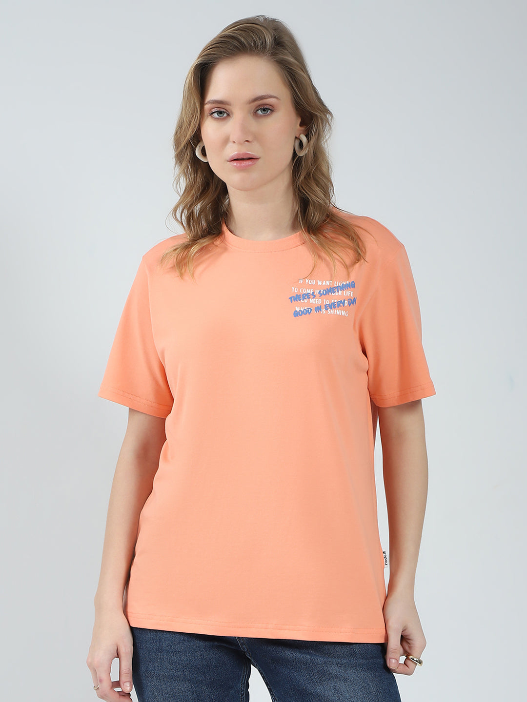 Rock.it Women Orange Printed Round Neck Half Sleeve Top