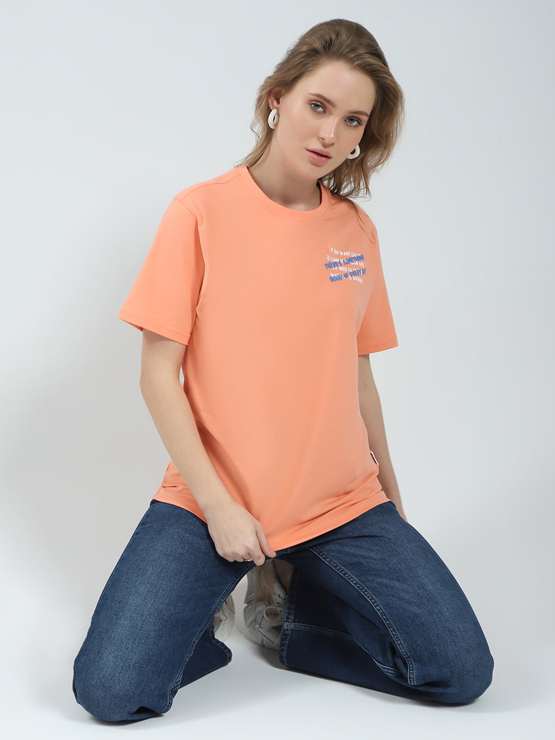 Rock.it Women Orange Printed Round Neck Half Sleeve Top