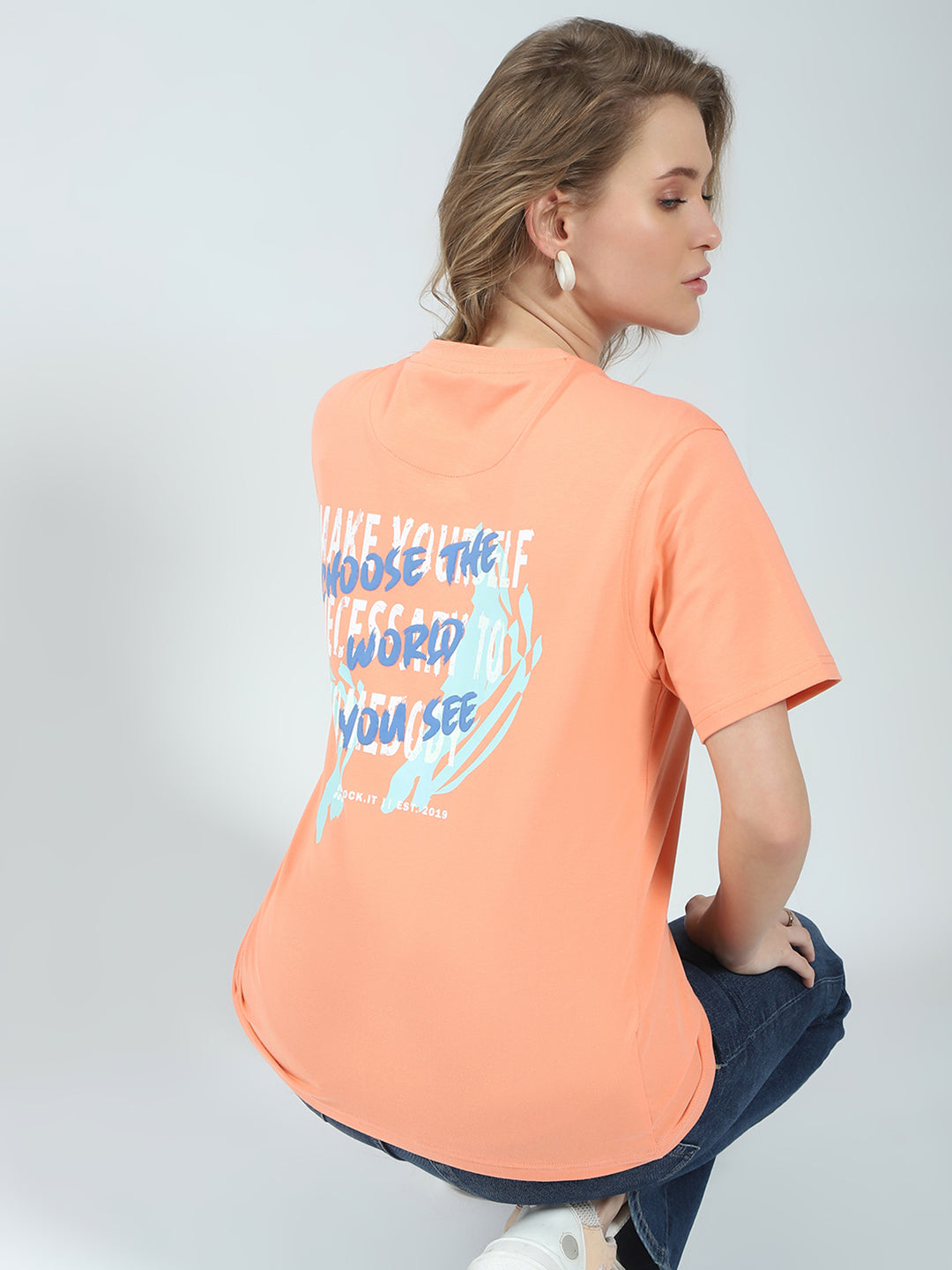 Rock.it Women Orange Printed Round Neck Half Sleeve Top