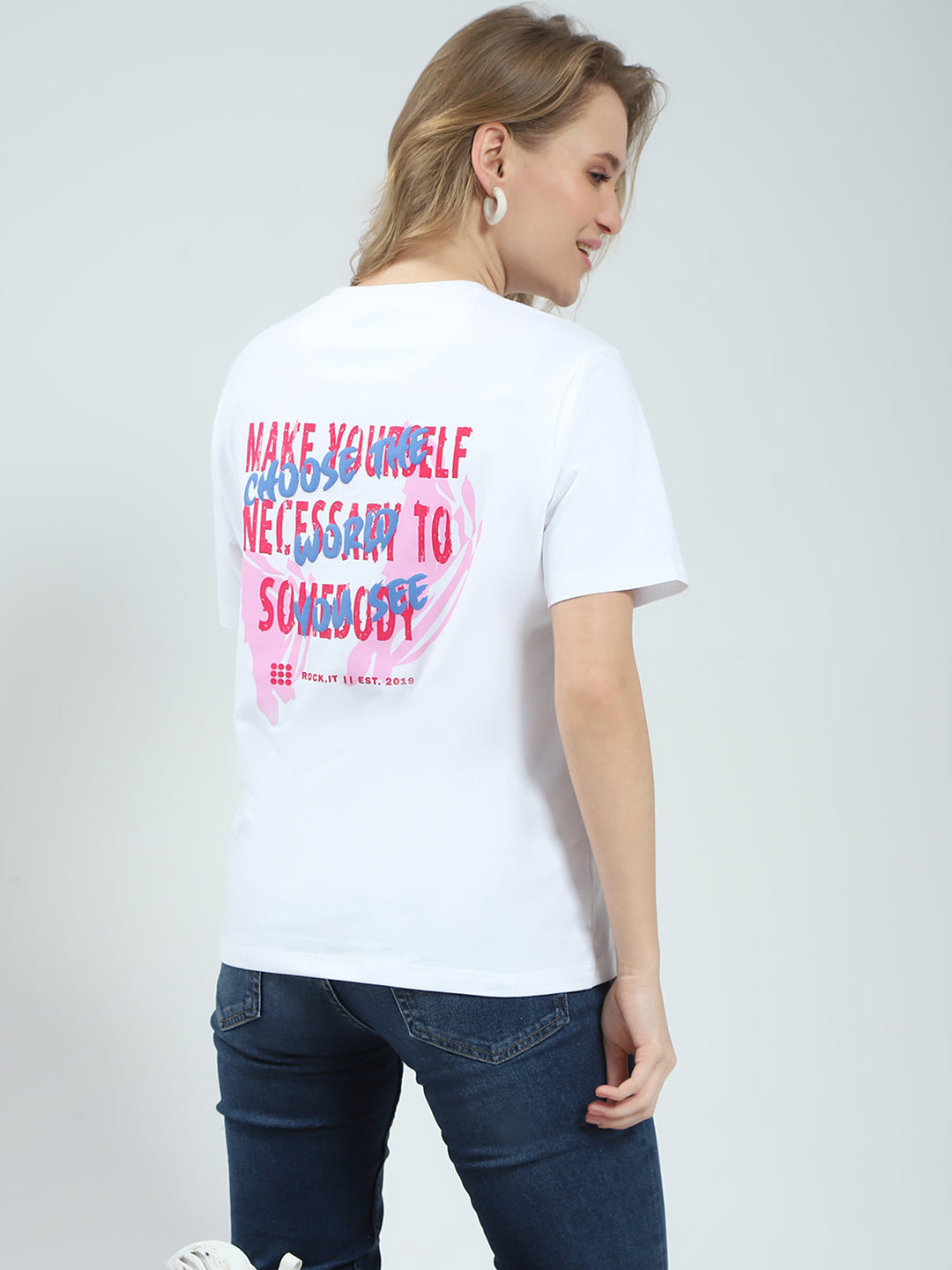 Rock.it Women White Printed Round Neck Half Sleeve Top