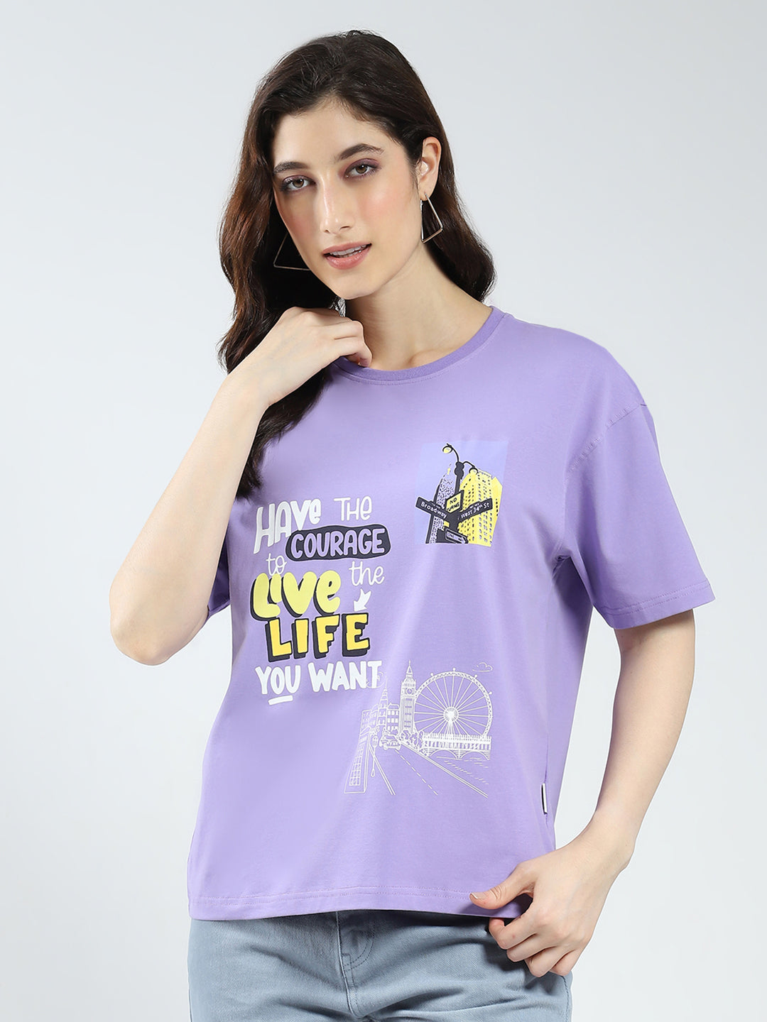 Rock.it Women Purple Printed Round Neck Half Sleeve Top