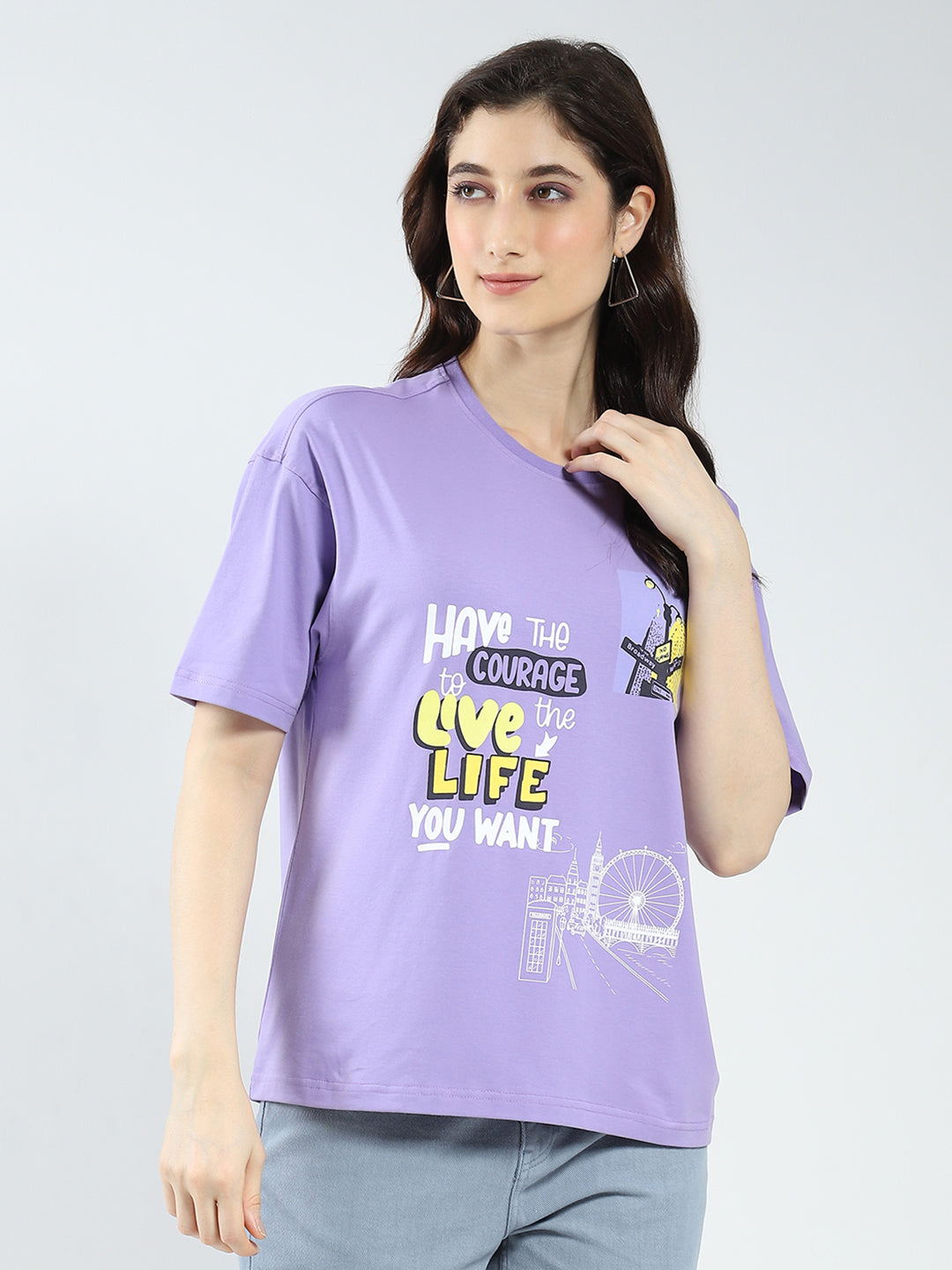 Rock.it Women Purple Printed Round Neck Half Sleeve Top