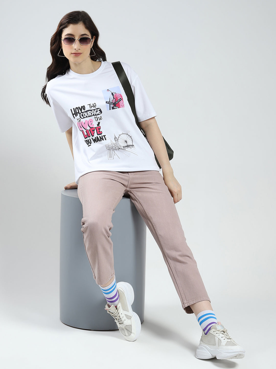 Rock.it Women White Printed Round Neck Half Sleeve Top