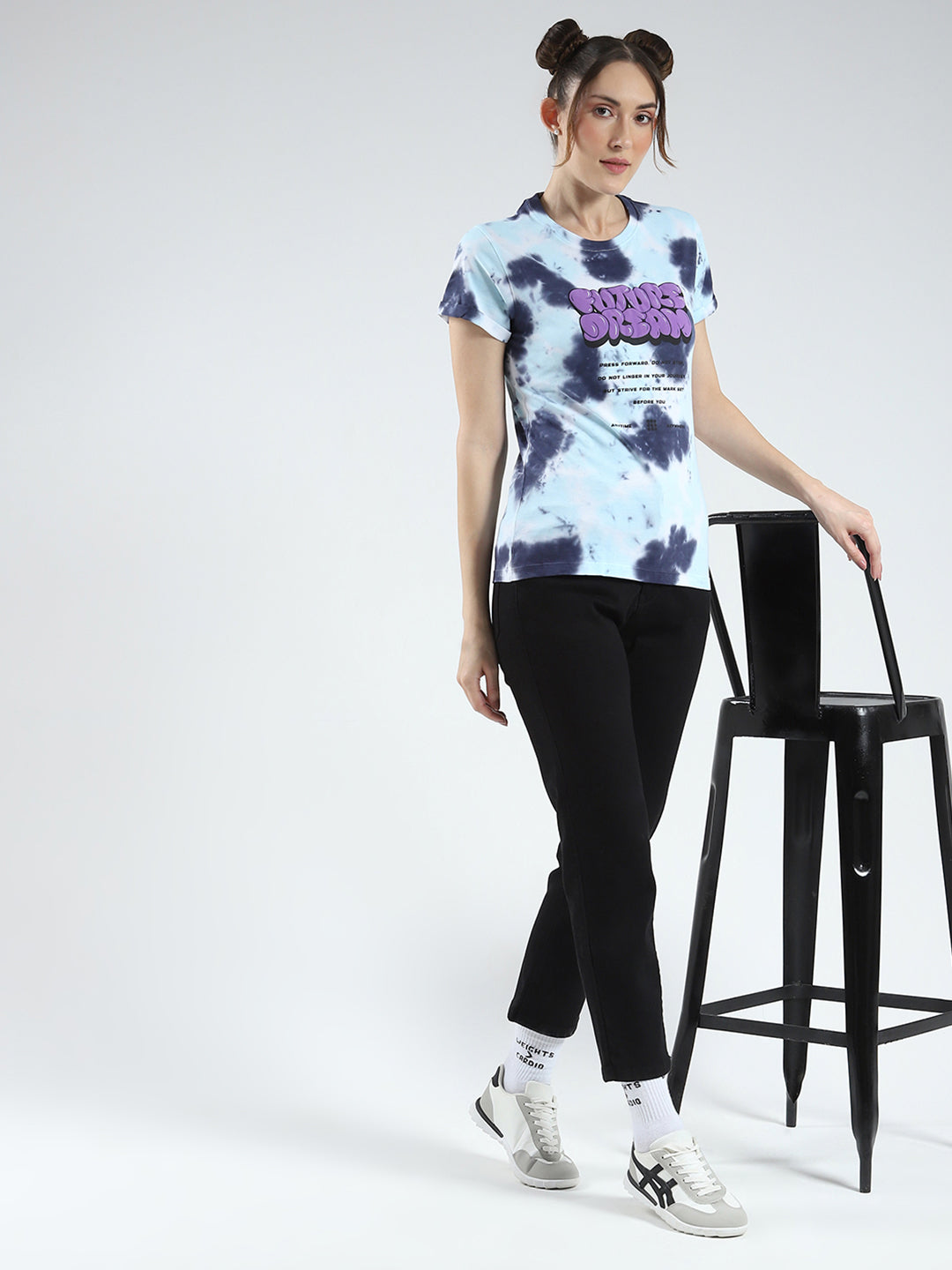 Rock.it Women Blue Printed Round Neck Half Sleeve Top