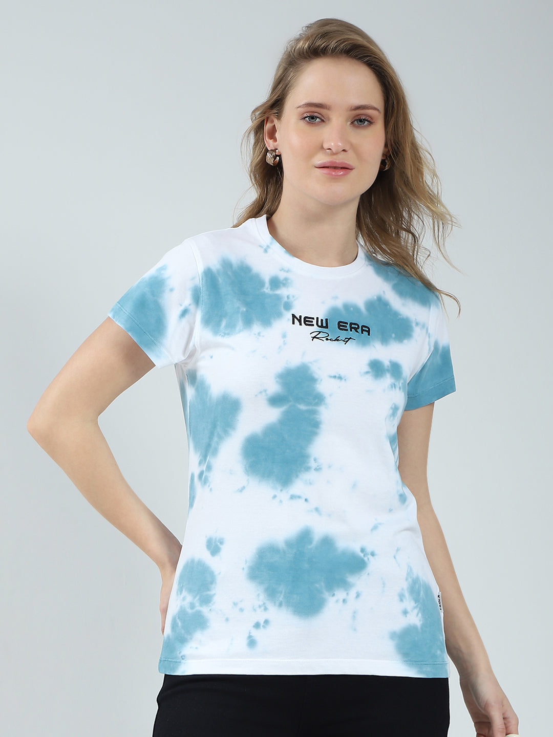 Rock.it Women Blue Printed Round Neck Half Sleeve Top