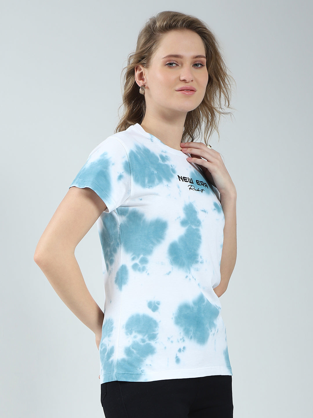 Rock.it Women Blue Printed Round Neck Half Sleeve Top