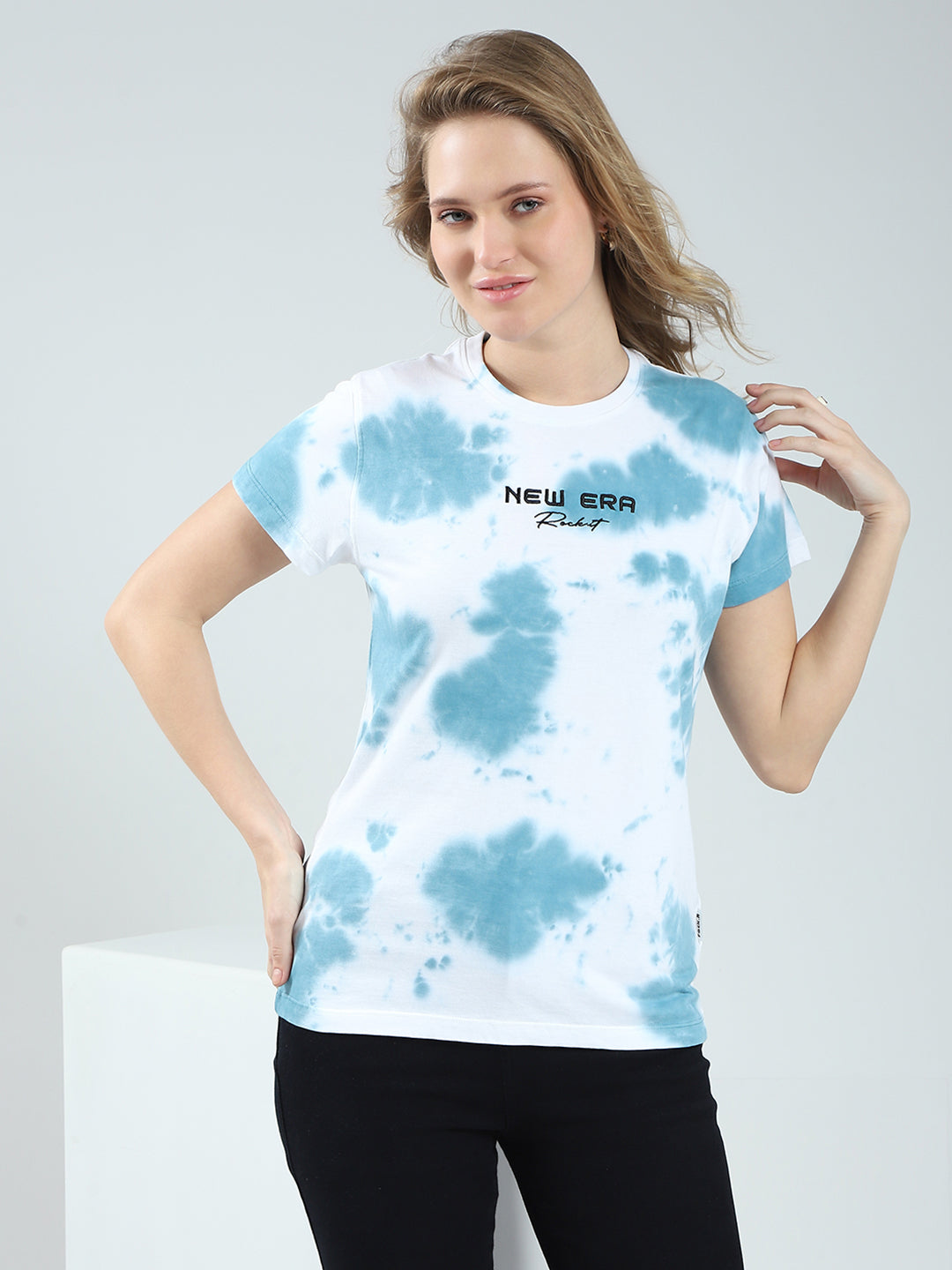 Rock.it Women Blue Printed Round Neck Half Sleeve Top