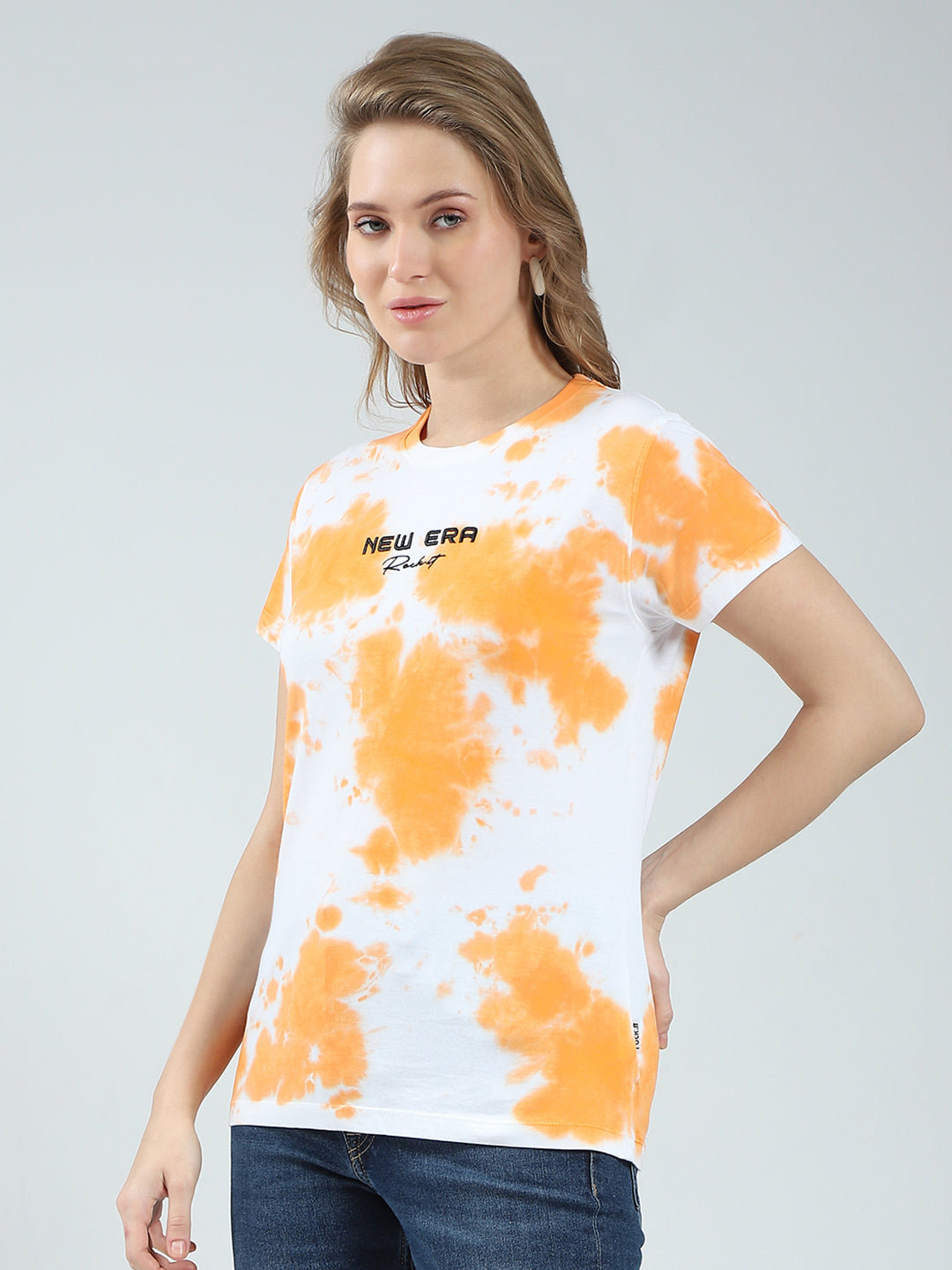 Rock.it Women Orange Printed Round Neck Half Sleeve Top