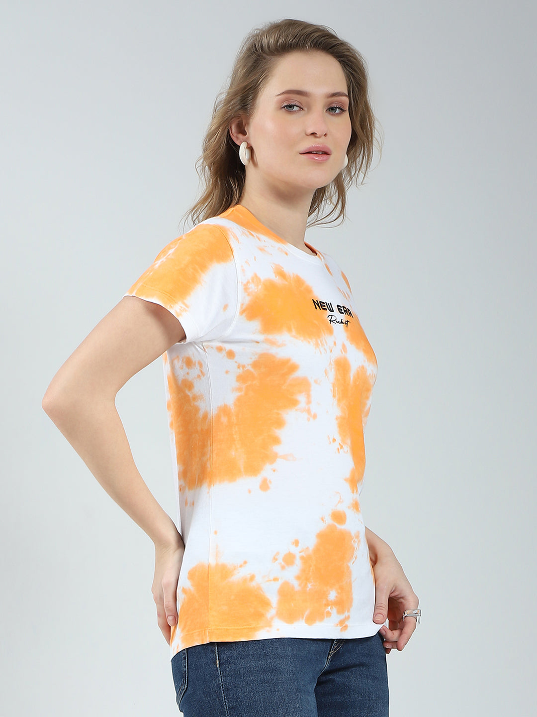 Rock.it Women Orange Printed Round Neck Half Sleeve Top
