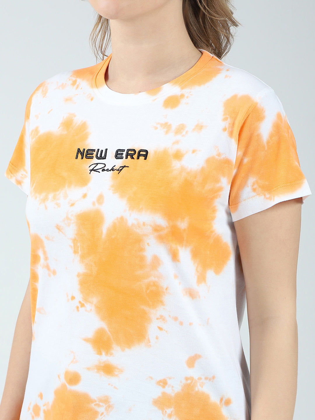Rock.it Women Orange Printed Round Neck Half Sleeve Top