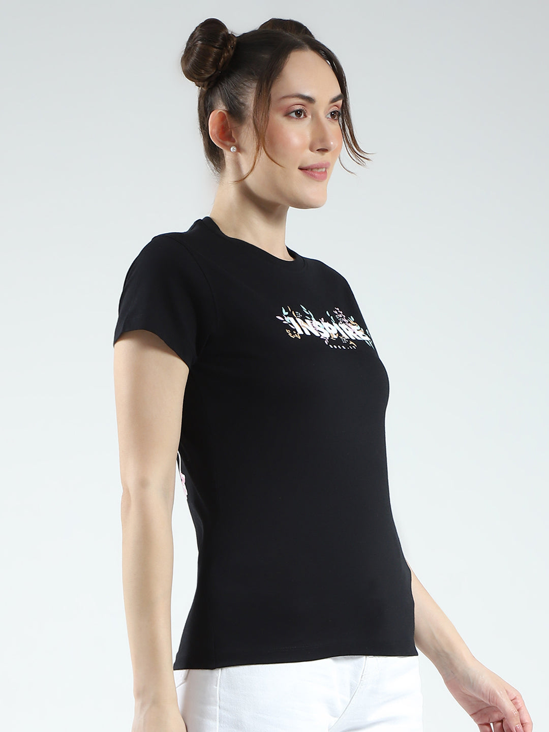 Rock.it Women Black Printed Round Neck Half Sleeve Top